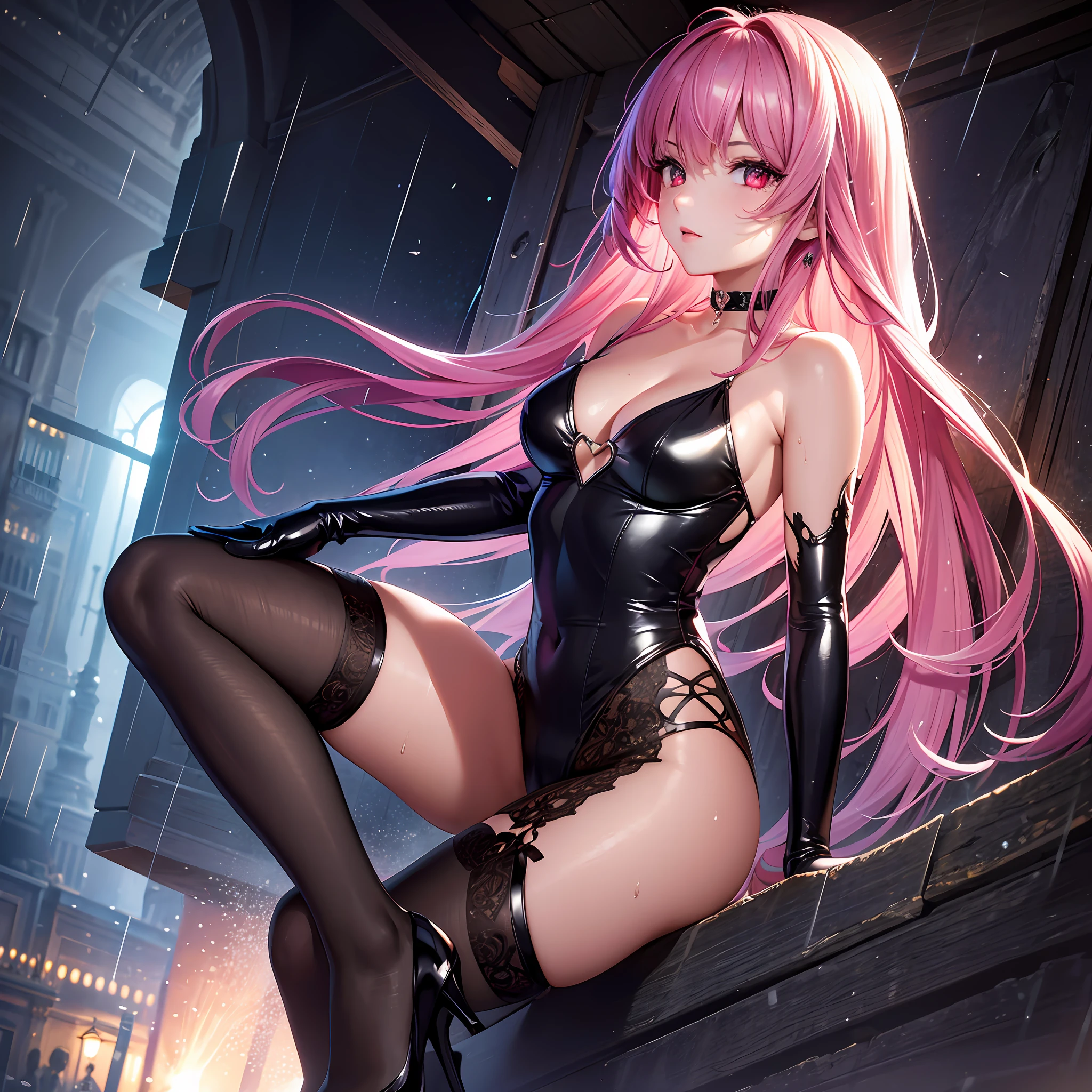 illustration, cinematic light, highres, highest quallity, ultra detailed, detailed face, (detailed eyes), best quality, hyper detailed, masterpiece, (detailed face), clean face, sexy mature woman wears (torn) leotard , floating cloth, see through, choker, open cloths, nsfw, high heels, red eyes, neon tiny glowing hair ends, dark magic, light reflection, heart shaped iris, playful eyes, open shoulder, rain, (wet body), tiny glowing butterfly, hair jewery