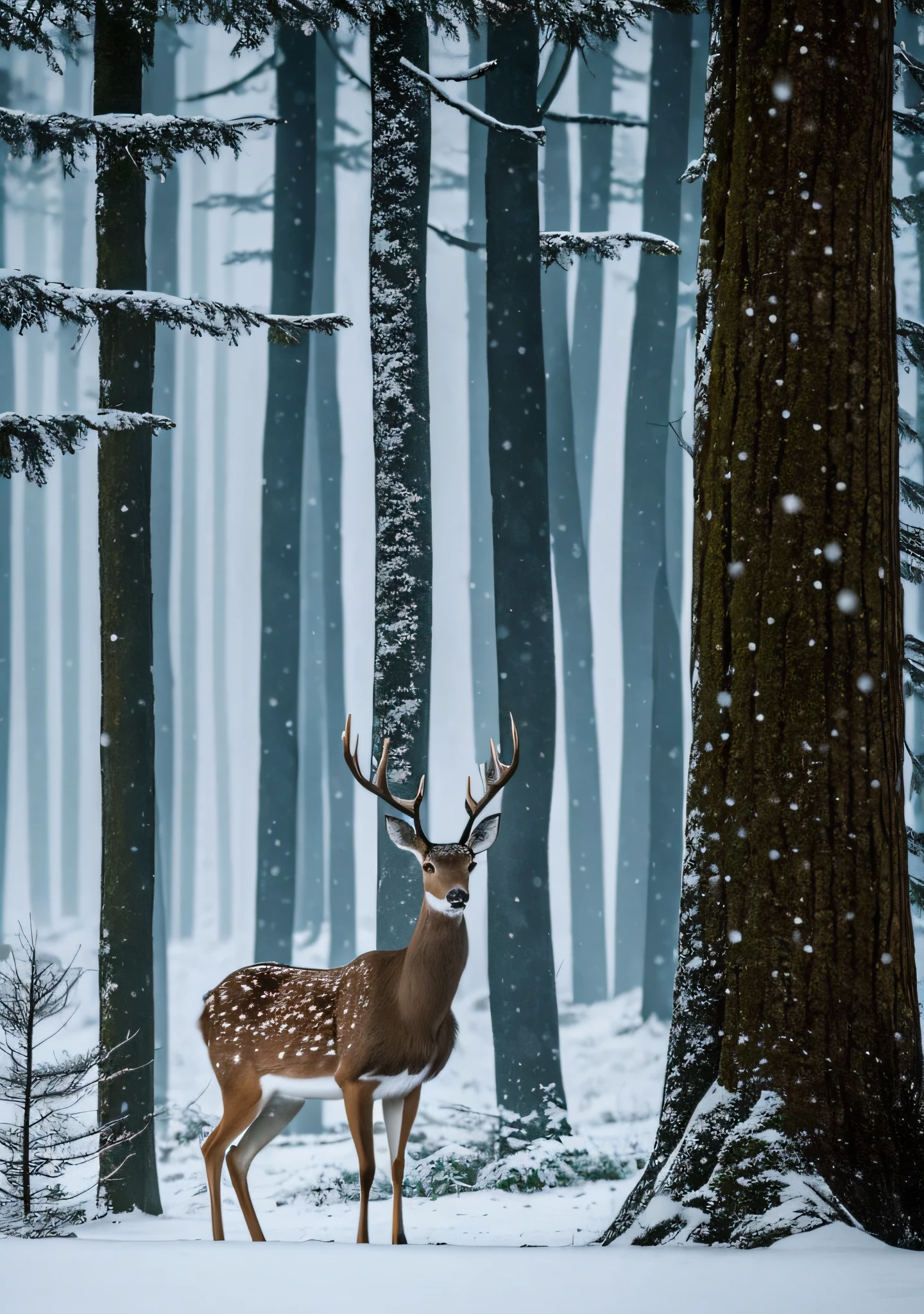 there is a deer that is standing in the woods with a gun, looking majestic in forest, snowing in the forest, in the deep forest, national geographic photo”, wildlife. atmospheric, a snowy day in the forest, in deep forest, in a deep forest, photograph captured in a forest, photograph captured in the woods, prize winning photo, wildlife photograph