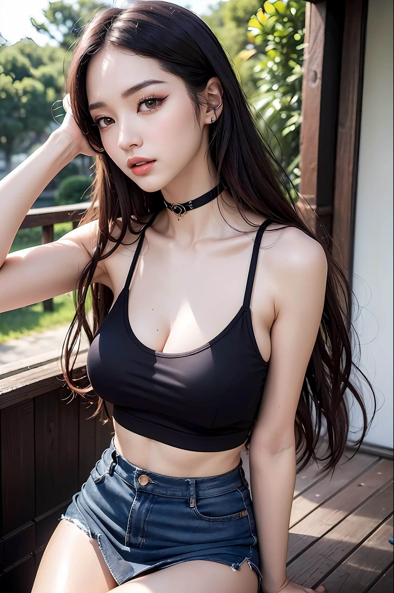 (Best quality, 8k, Masterpiece :1.3), (realistic, photorealistic: 1.37), (1girl), (Pretty woman in her 20s), (slim), (emphasizing slender abs :1.3), (Japanese), (tank top with mini skirt), (black panties), (choker on neck), (random sexy pose), (long wavy hair), (large breasts :1.3), (outdoors), (Ultra-detailed face), (Detailed eyes), (Double eyelids), (eyeshadow intensifying), (many eyelashes), (perfect body), (long legs), (professional lighting), (photon mapping), (radiosity), (looking directly at viewer)