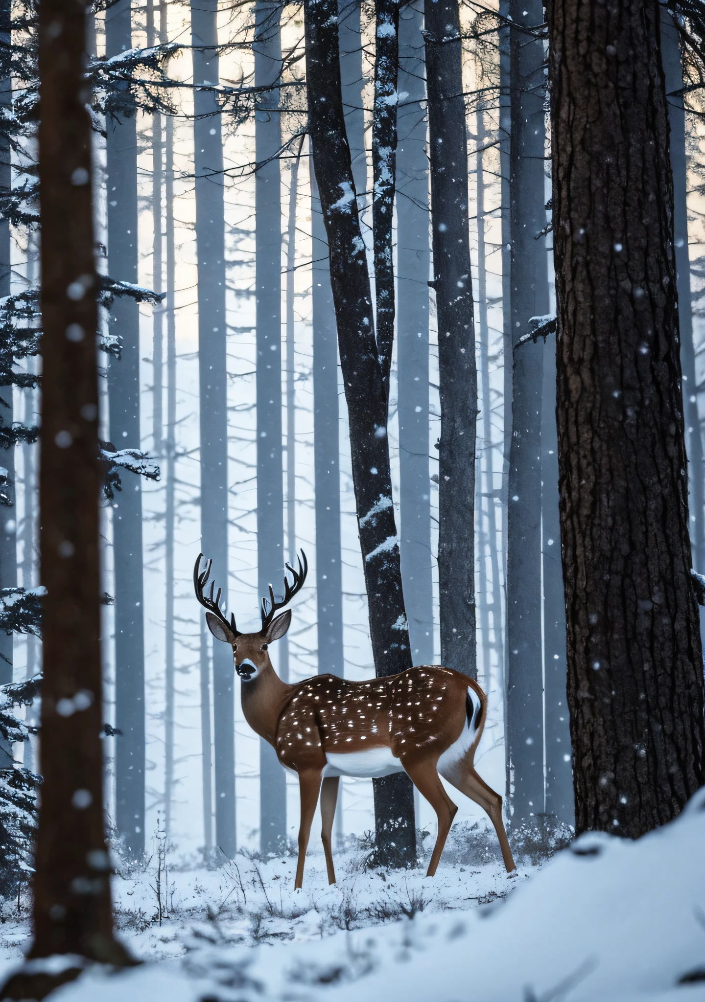 there is a deer that is standing in the woods with a gun, looking majestic in forest, snowing in the forest, in the deep forest, national geographic photo”, wildlife. atmospheric, a snowy day in the forest, in deep forest, in a deep forest, photograph captured in a forest, photograph captured in the woods, prize winning photo, wildlife photograph