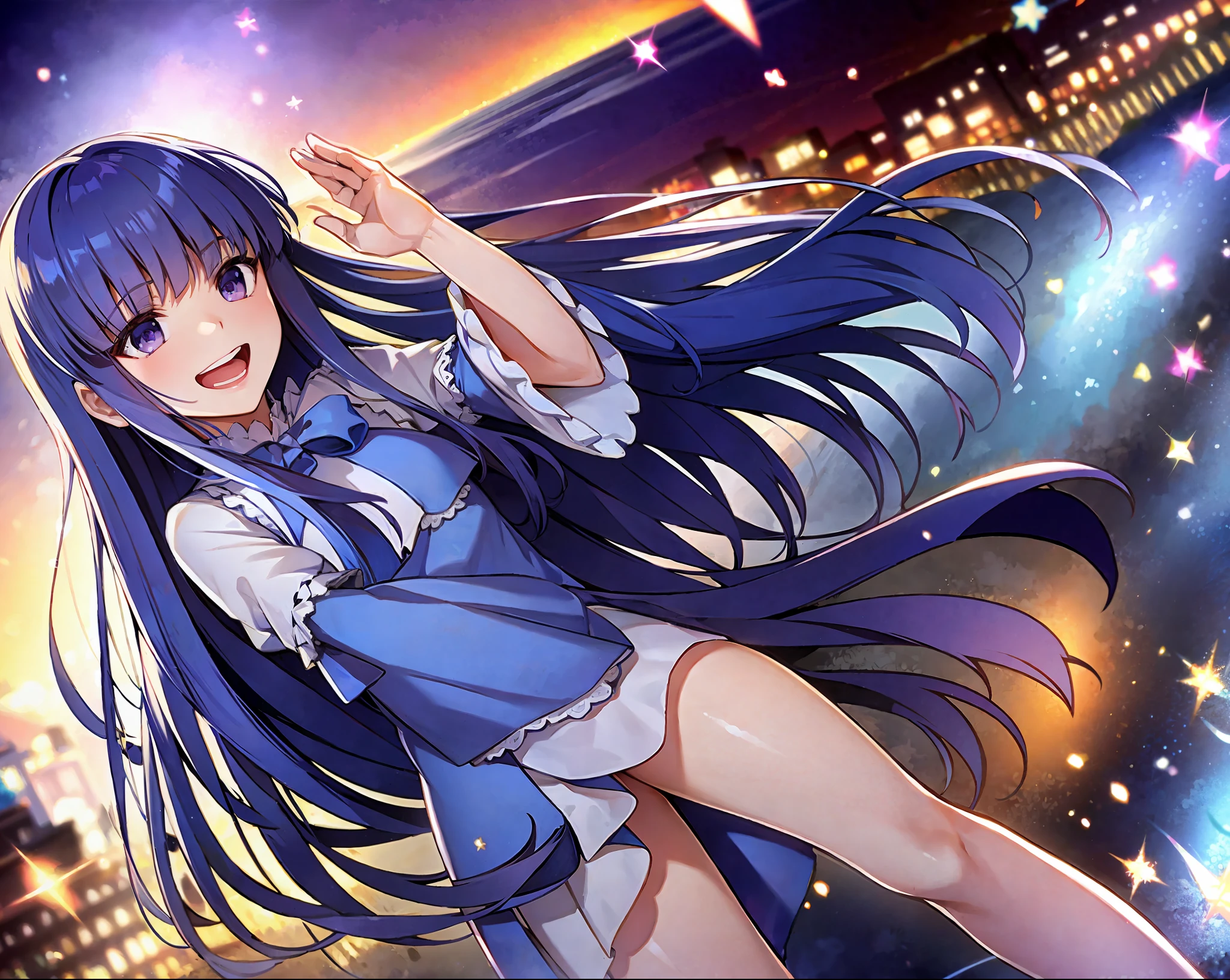 beautiful, masterpiece, best quality, extremely detailed face, perfect lighting, 1girl, solo, top-down bottom-up, frederica bernkastel, blue hair, purple eyes, best quality: 1.5, masterpiece, perfect figure, delicate hands, HDR, detailed body, extremely detailed, higres, beautiful girl, Summer, grass, a few small flowers, large clouds, blue sky, hot weather, insane laugh