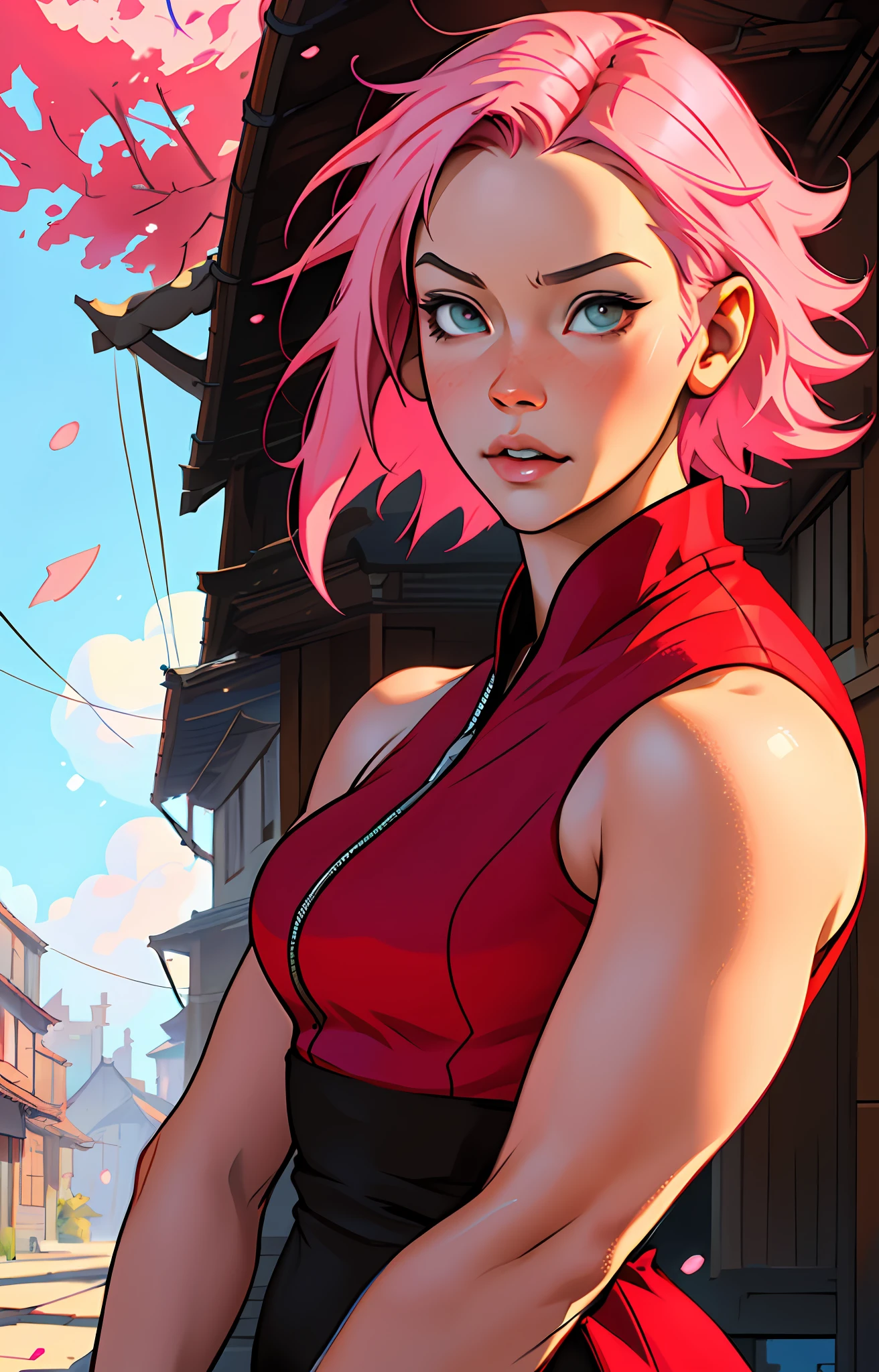 Sakura Haruno, seductive, ((forehead the show)), attractive, wearing a red dress, red bandana, pink hair, delicate, young, short hair, detailed face, in a village, full body, trend in art by Rhods, Andreas Rocha, Rossdraws, Makoto Shinkai, Laurie Greasley, Lois Van Baarle, Ilya Kuvshinov and Greg Rutkowski