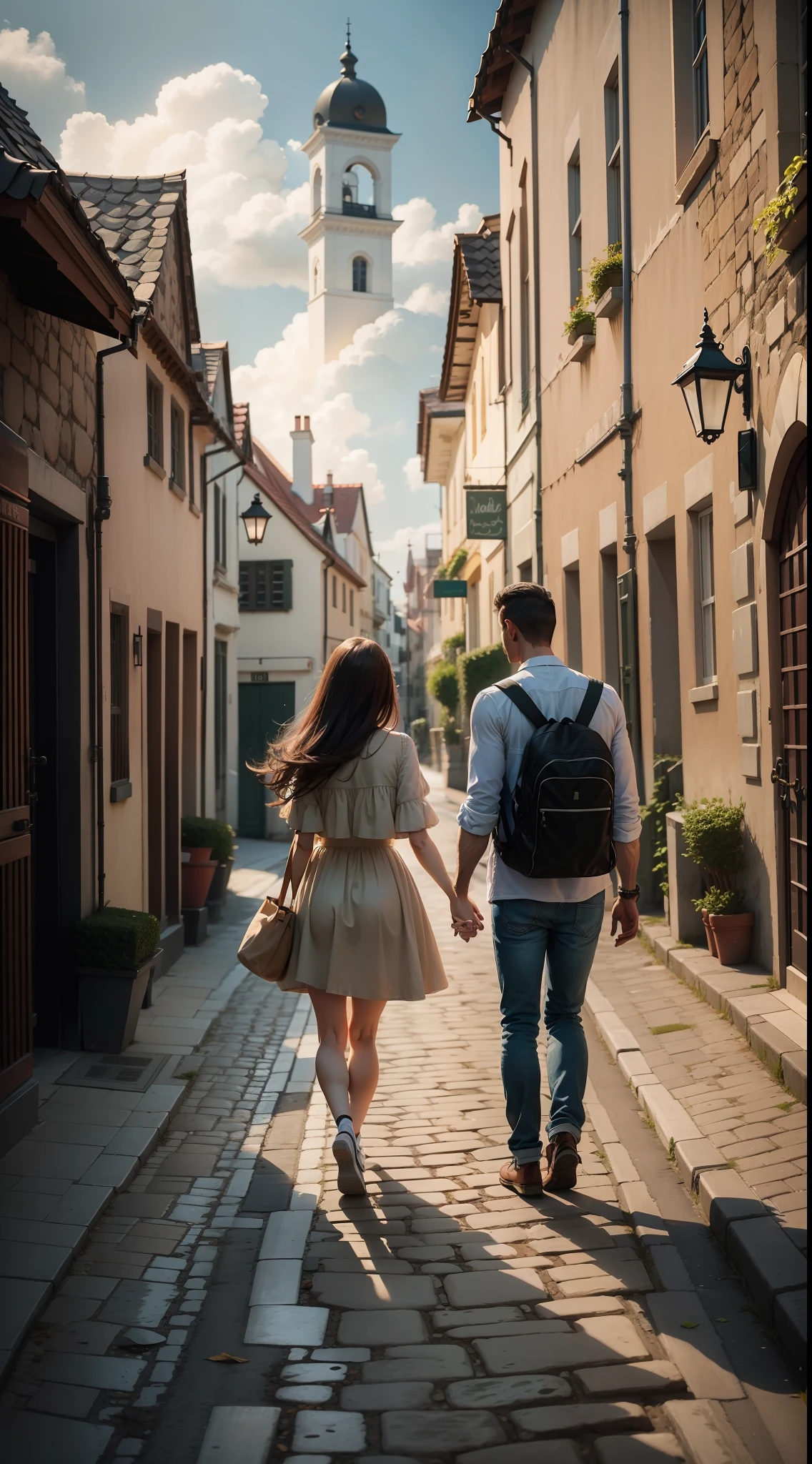 A couple of lovers walking along a cobblestone street, going to a lonely beach