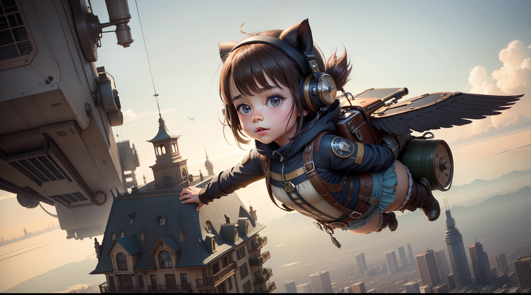 /imagine prompt: illustration of A girl in a flying suit and a Steampunk pig took off over the city ,A beautiful littlewith long ears::10, Flying in the air::15, Little girl punk pig flight::15, Steampunk Piglet::16, Over the city::16, Asymmetrical Composition::5, A bird's-eye view::6, Unreal Engine::10, beautiful lighting::10, Cinematic light::11, Bright::6, Fantasy::6, Cinematic::5, hyper quality::6, Futuristic Robots::2, Steampunk::12 --seed 252441588 --s 400 --q 2 --c 10