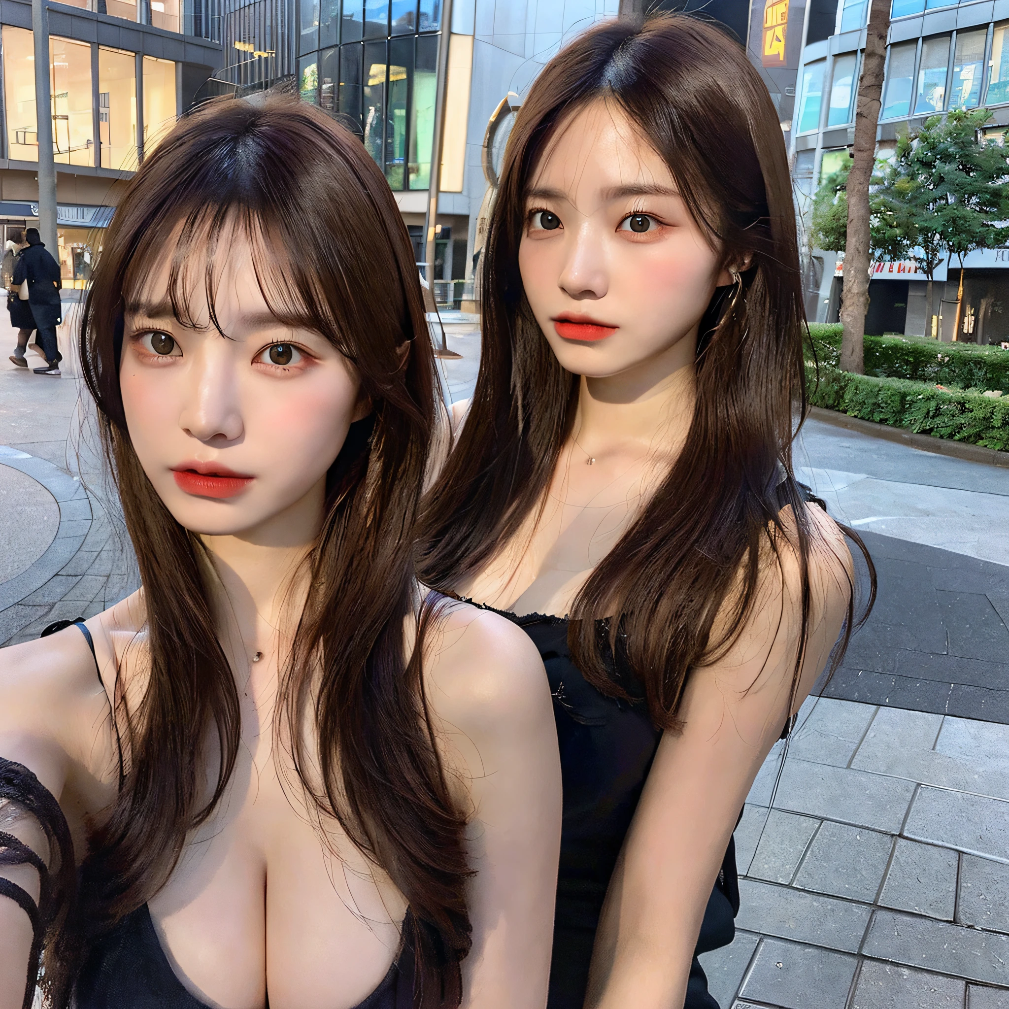 ((Realistic Lighting, Top Quality, 8K, Masterpiece: 1.3)), Clear Focus: 1.2, 1 Girl, Perfect Body Beauty: 1.4, Slim Abs: 1.1, ((Dark Brown Hair, Big: 1.3)), (Outdoor, Night: 1.1), Street, Ultra Slender Face, Fine Eyes, Double Eyelids, Exposed Cleavage