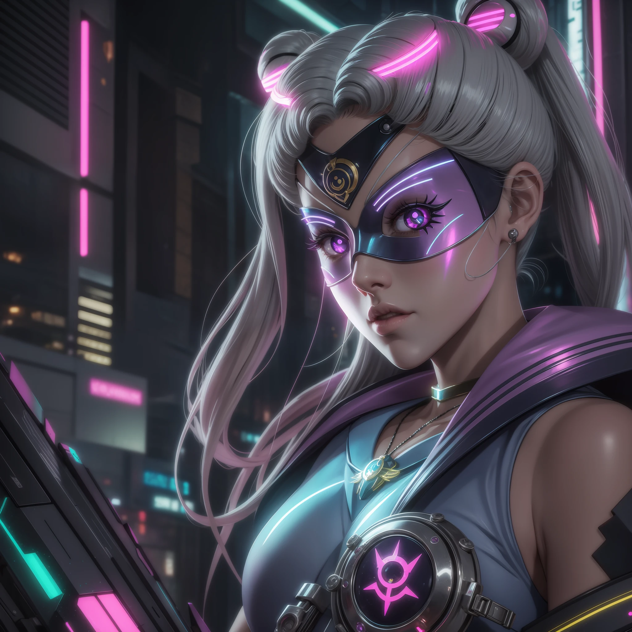 SAILOR MOON CYBER PUNK, FUTURISTIC, mask, neon light, future, punk, cyberpunk style