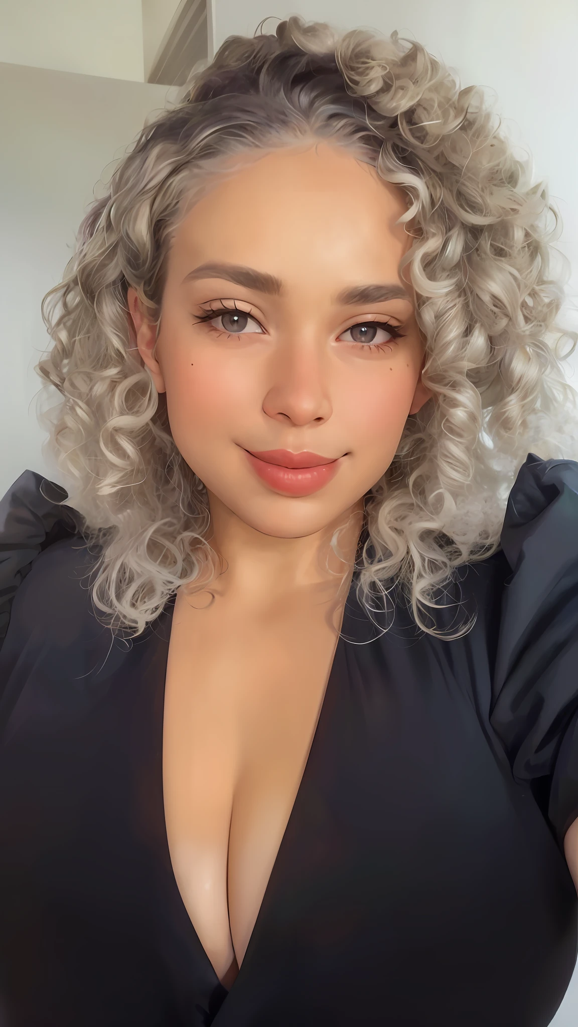 Has a woman with a very large breasts posing for a photo, curly blonde hair | d & d, silver curly hair, curly blond, white curly hair, curly hair, curly white hair, blonde curly hair, curly bangs, curly silver hair, with black and silver curly hair, profile picture, inspired by Theo Constanté, messy curly hair, middle part curly haircut photo in 4k Ultra realistic minimal facial details, detail boobs showing sensual , Tanned