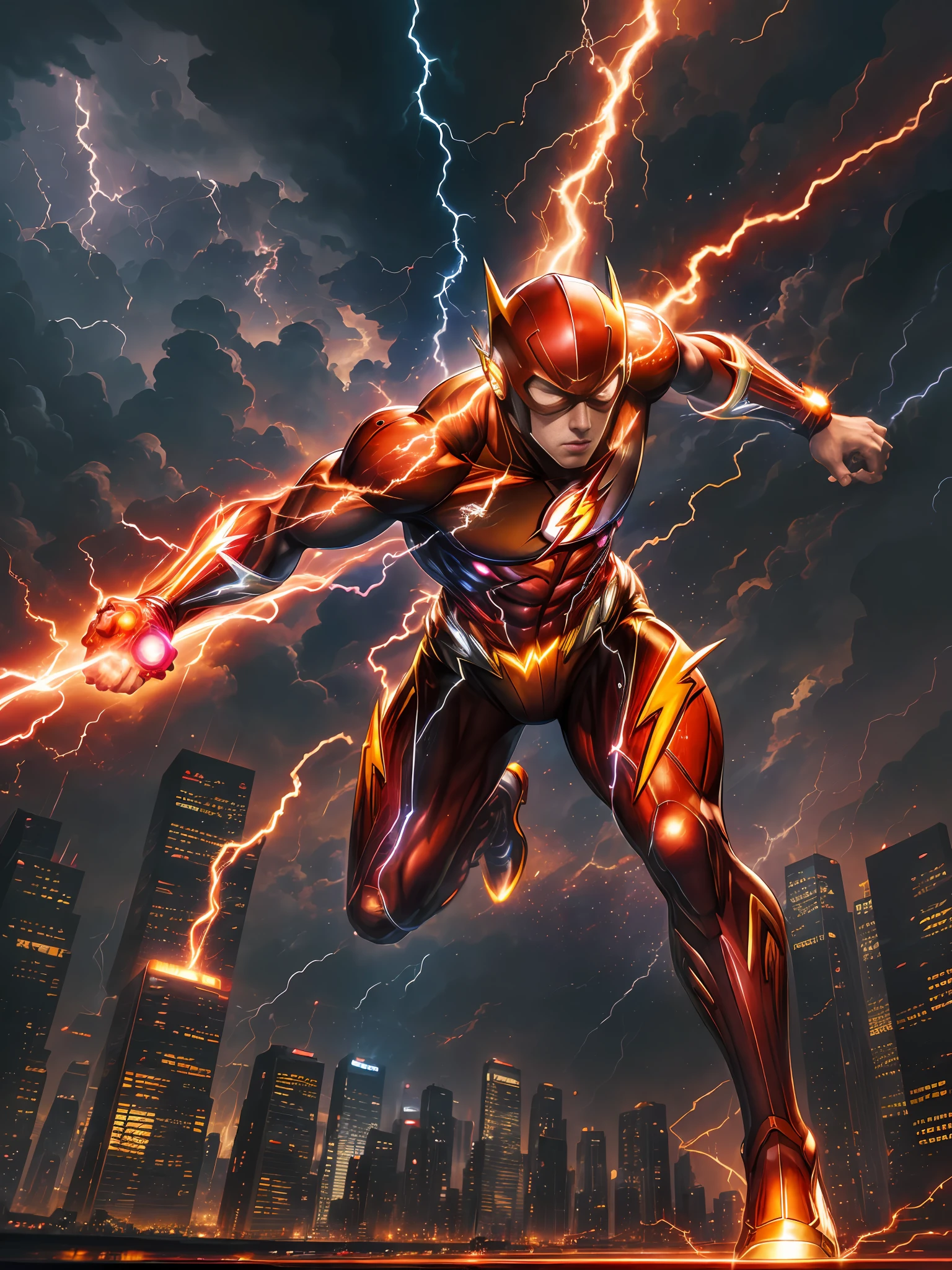 (masterpiece),(best quality, ultra-detailed CG),an epic illustration of "The Flash", the scarlet speedster, in action at lightning speed, dramatic angle, lightning bolts, intense colors, cityscape in background, dynamic pose, vibrant red and yellow superhero suit, lightning details, sparks, motion blur, with lightning surrounding the whole scene, making it come alive.
