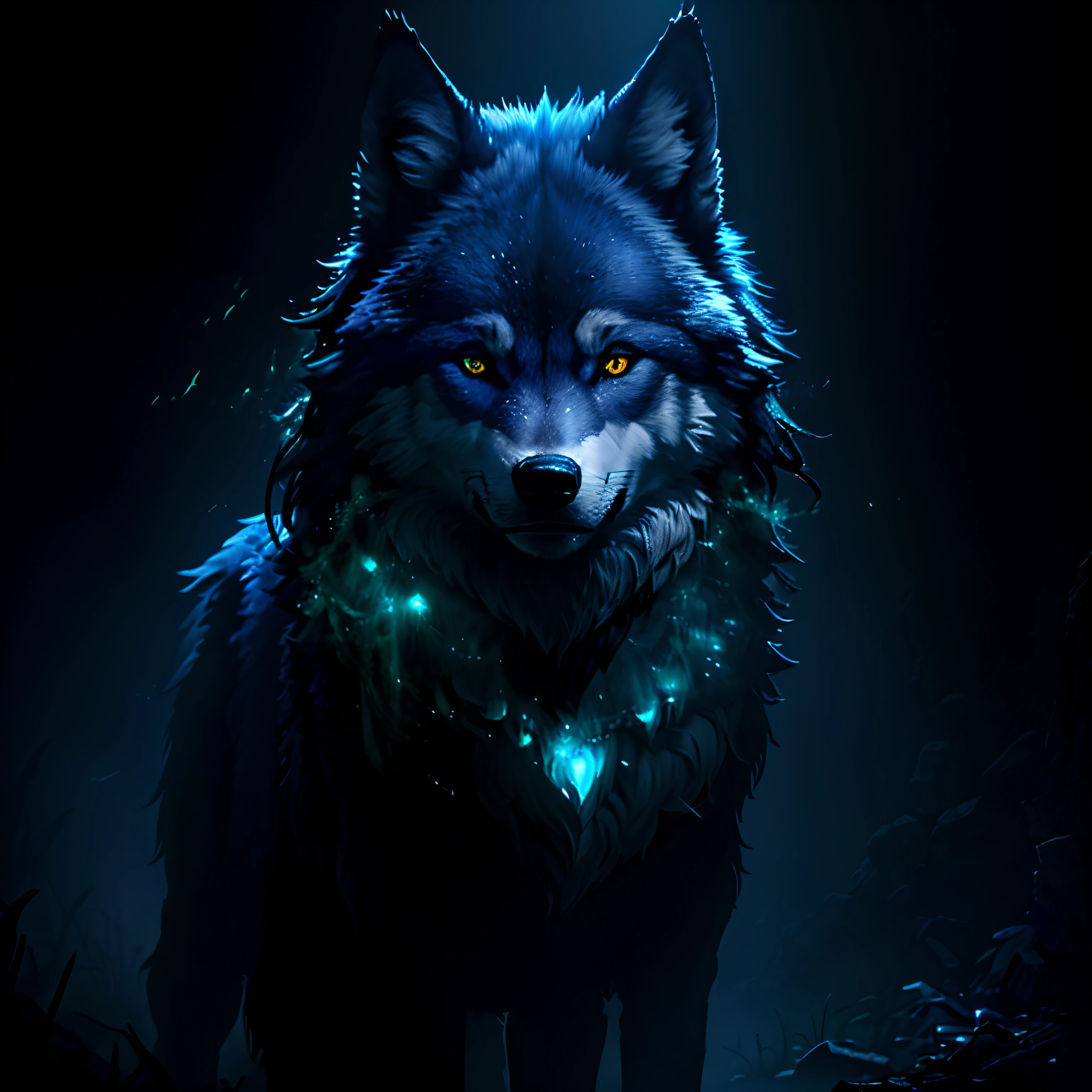 masterpiece, best quality, dark environment, backlit, blue moon, wolf, wolf head, wolf hair, (very detailed CG unified 8k wallpaper), (best quality), (best illustration), bow-waisted werewolf, close-up, focused face, depth of field, blurred background, black forest, (best shadows), detailed green eyes, ridiculous, realistic lighting, (abyss), beautifully detailed, Peter Morbach's work, fog,