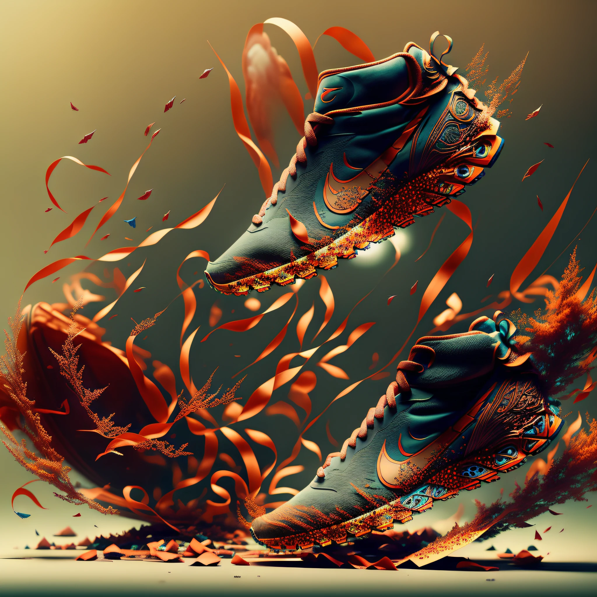 Product photography of naruto anime sneakers with nike logo, epic rendering, octane, atmosphere, particles, soft volumetric light, (backlight: 1.3), (film: 1.3), intricate details, (ArtStation: 1.3)