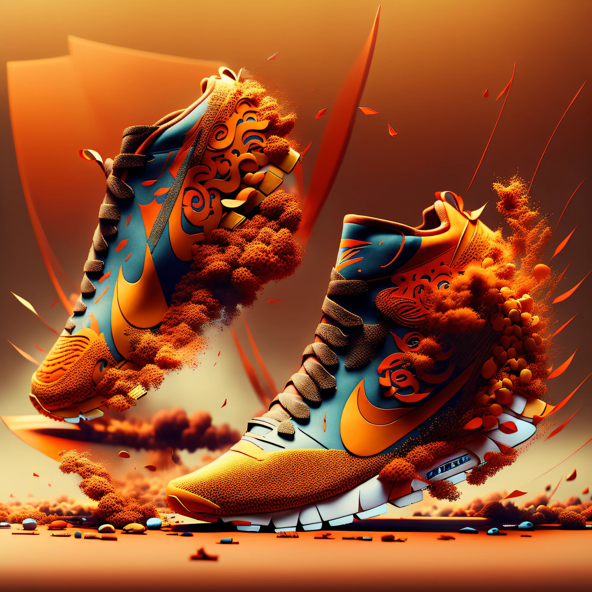 Product photography of naruto anime sneakers with nike logo, epic rendering, octane, atmosphere, particles, soft volumetric light, (backlight: 1.3), (film: 1.3), intricate details, (ArtStation: 1.3)