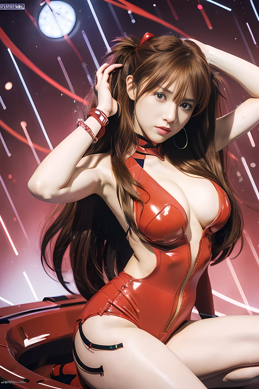 (Best Quality, 8k, 32k, Masterpiece, UHD: 1.2), Detailed Eyes, Double Eyelids, Watch Viewer, (Big: 3) (Cleavage: 1.2), Japan Anime, Evangelion, Soryu Asuka Langley, Japan Idol, Japan, Asian Woman, Raise Both Hands, Studio Color, Plug Suit, 20~25 years old,