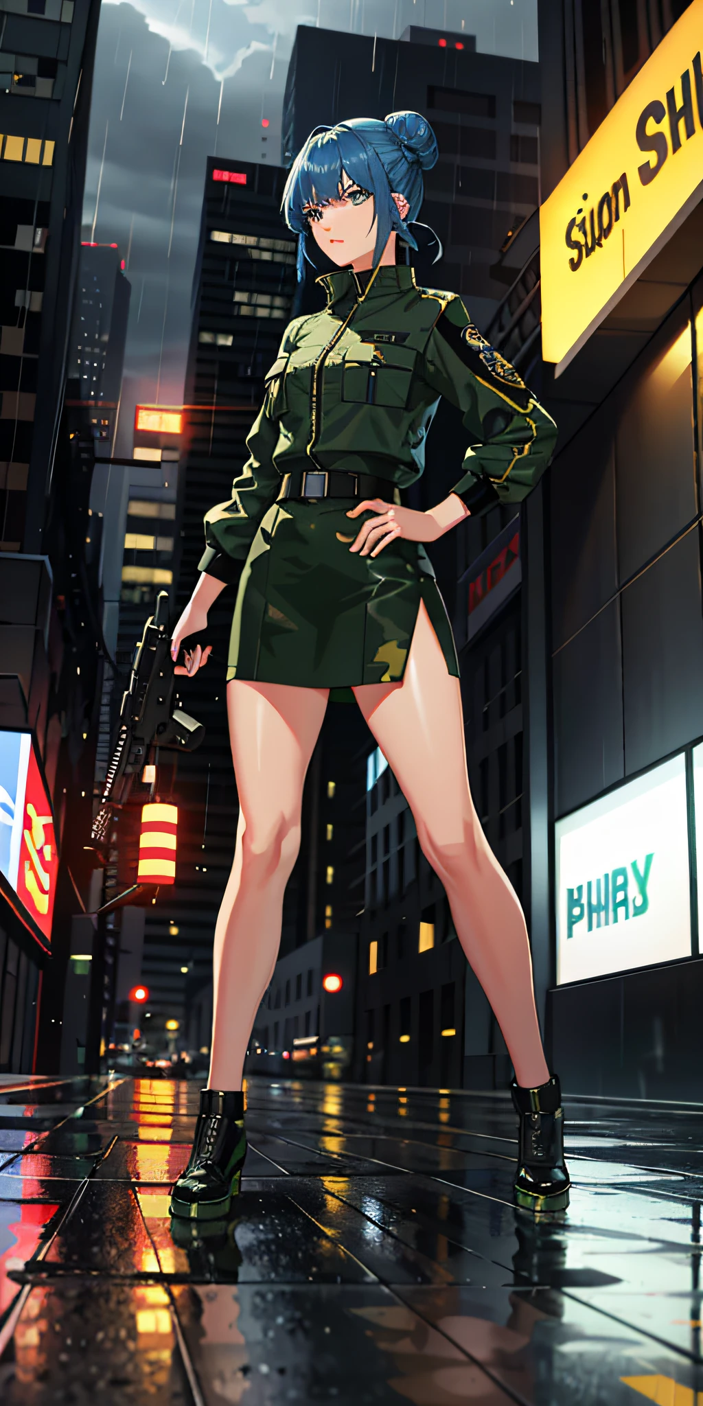 Character: Leona Heider from The King of Fighters Hair color: Blue Hairstyle: Bun with bangs Clothing: Military uniform with green and black camouflage Personality: Determined, confident and protective Weapon: 9mm caliber pistol Environment: Urban area with busy streets and tall buildings in the background Lighting: bright neon lights reflecting the character's clothing and hair Illustration style: Concept art with loose brushstrokes and strong colors in impressionist style Special effect: Rain falling around the character, creating a dramatic and intense atmosphere
