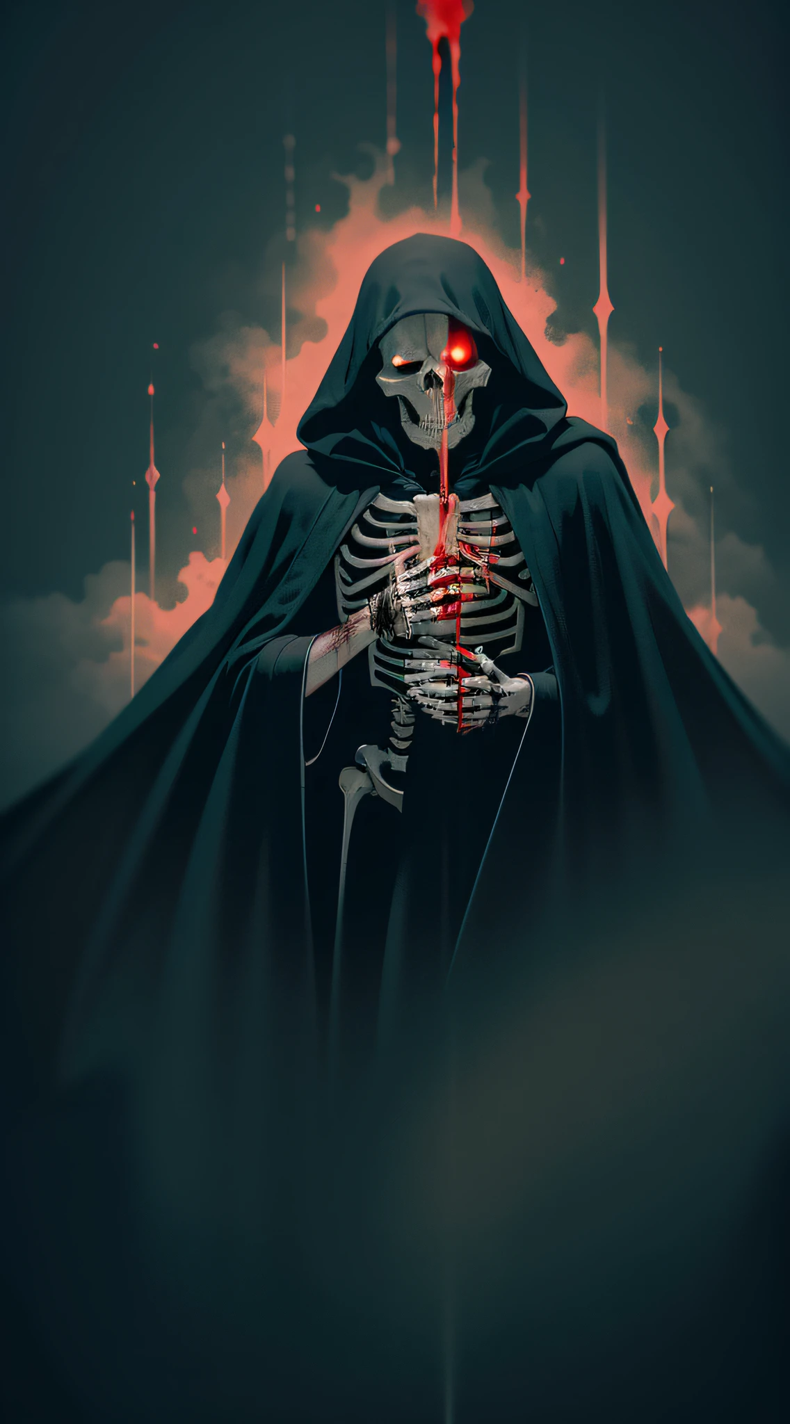 Skeleton in black robe, flowing, blood, horror, pitch black, bloody, spooky, absurd, sketch, anime key visuals, fog, evil, Bauhaus art, dramatic lights, mystery