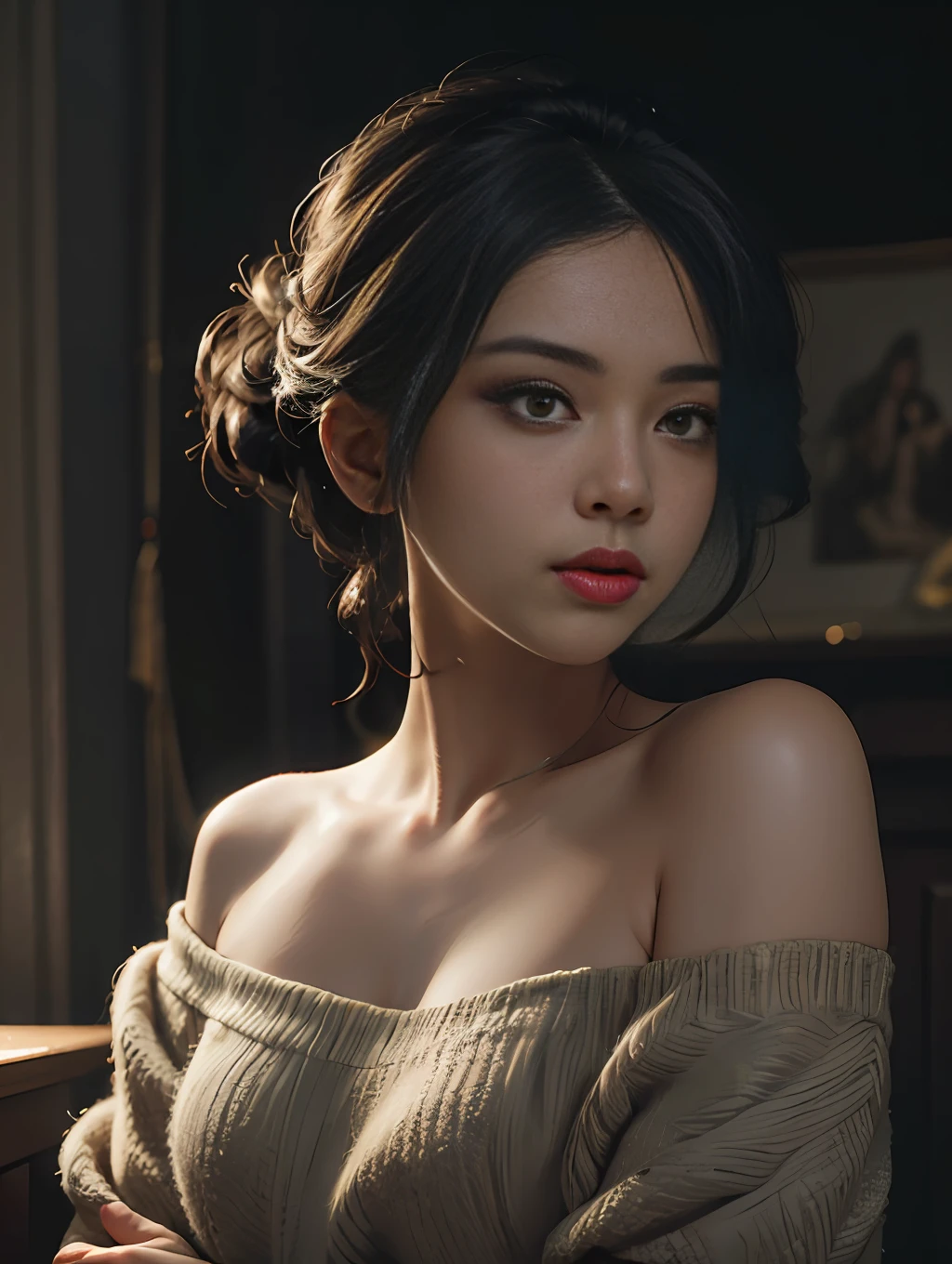 Best quality, masterpiece, ultra high res, (photorealistic:1.4), raw photo, 1girl, off shoulder, cinematic lighting, kiss poses