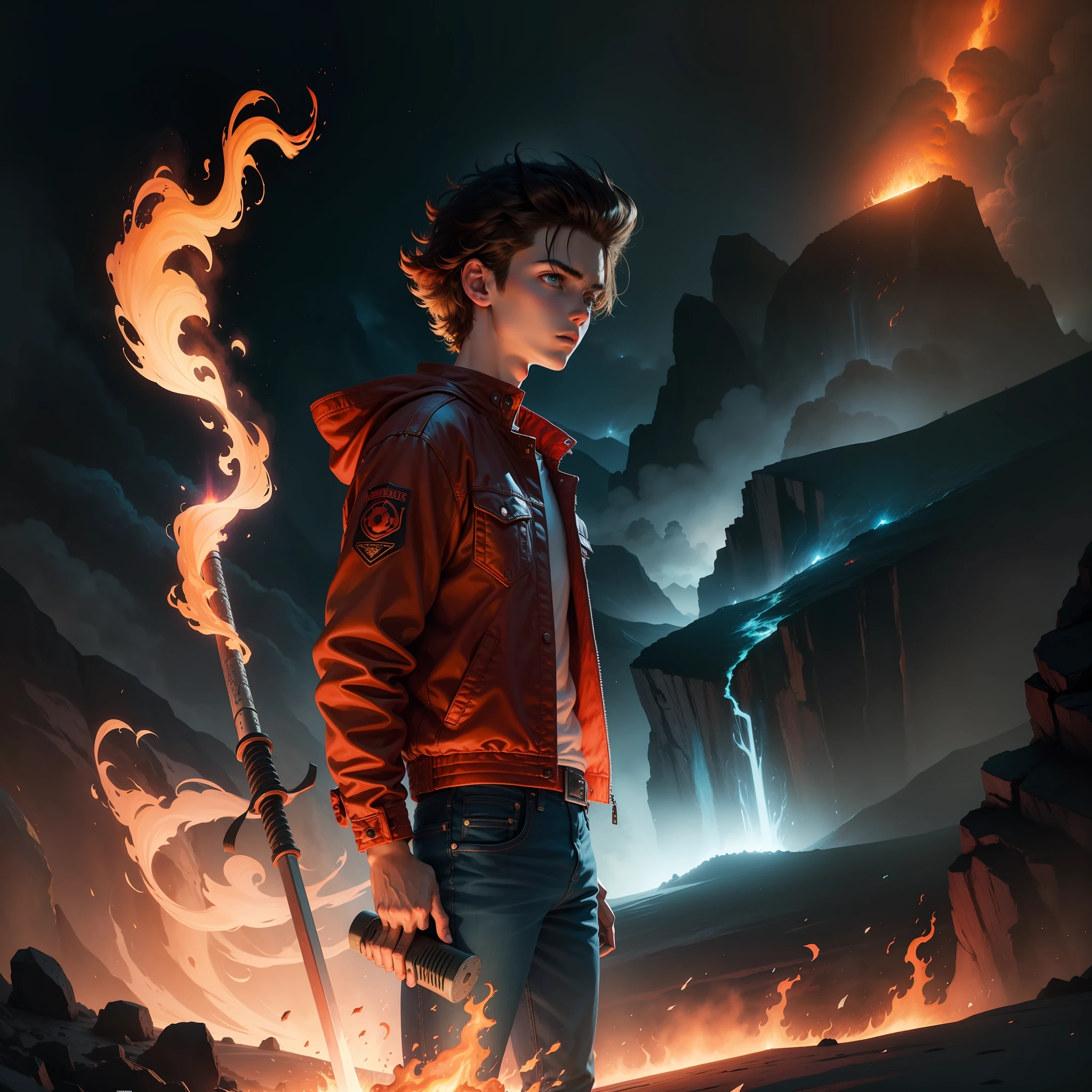 boy with brushed up hair, red jacket, and denim jeans, standing on a rock surrounded by lava, carrying a fire sword, surrounded by floating fire orbs. green sky. twilight