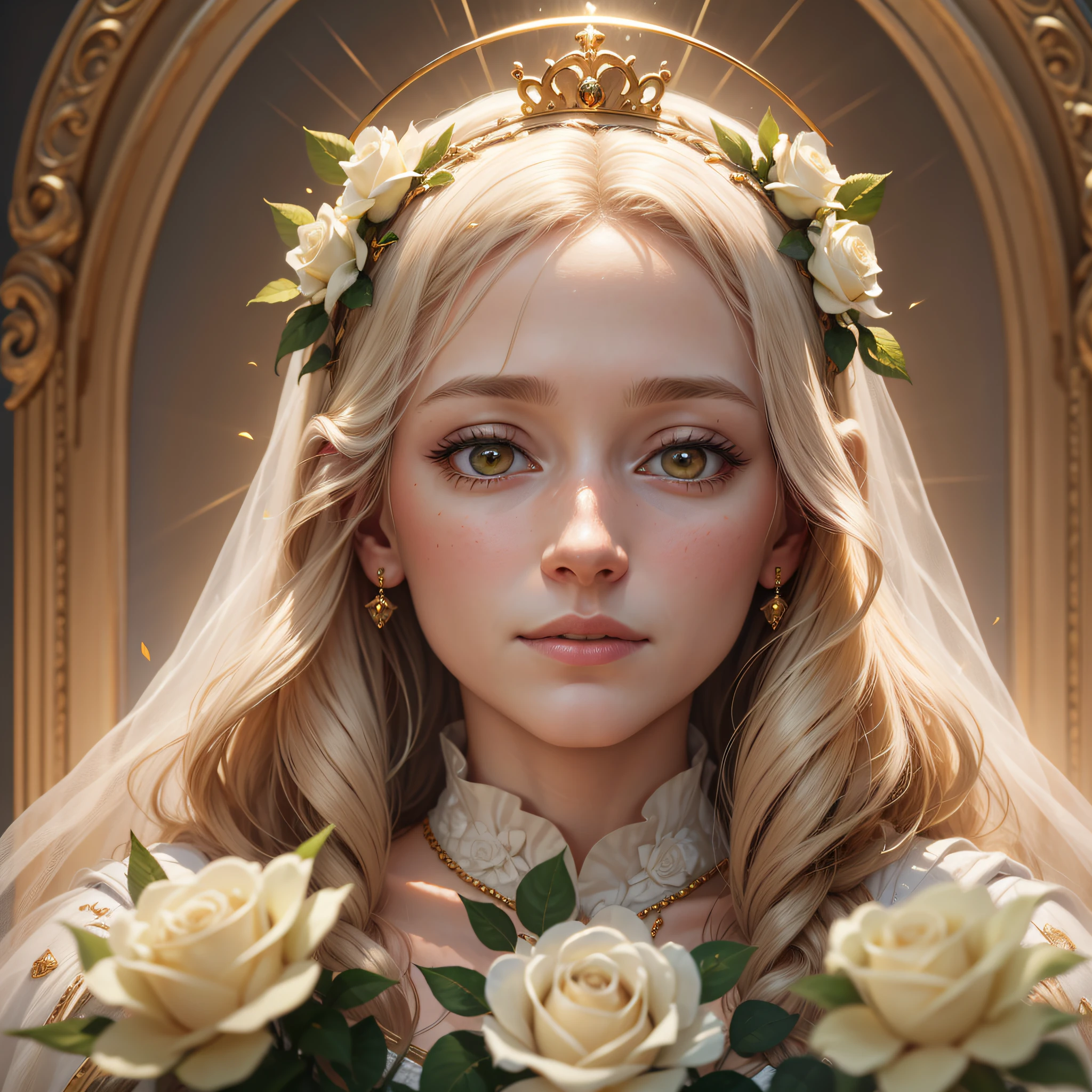 Highly realistic portrait of the Virgin Queen Mary, white woman, with roses in the heart, halo of light, soft golden lighting, divine rays, 8k, hyper-realistic --auto --s2