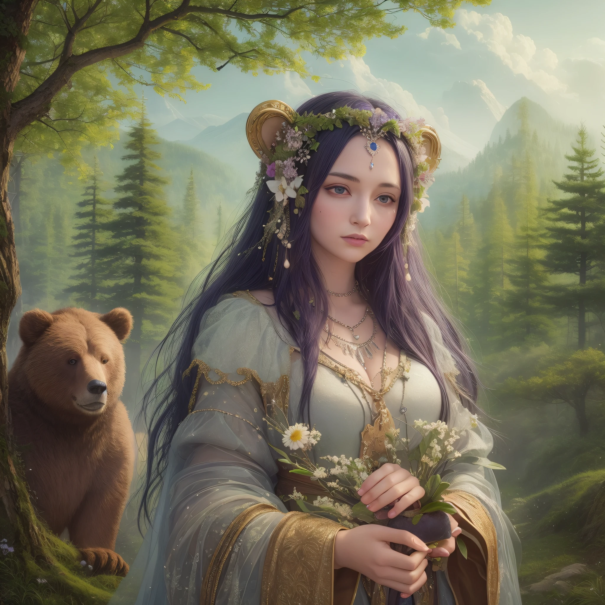 hyper-realism, celestial and twilight background A beautiful druid woman stands in a clearing, her hands raised in reverence to the big bear standing next to her