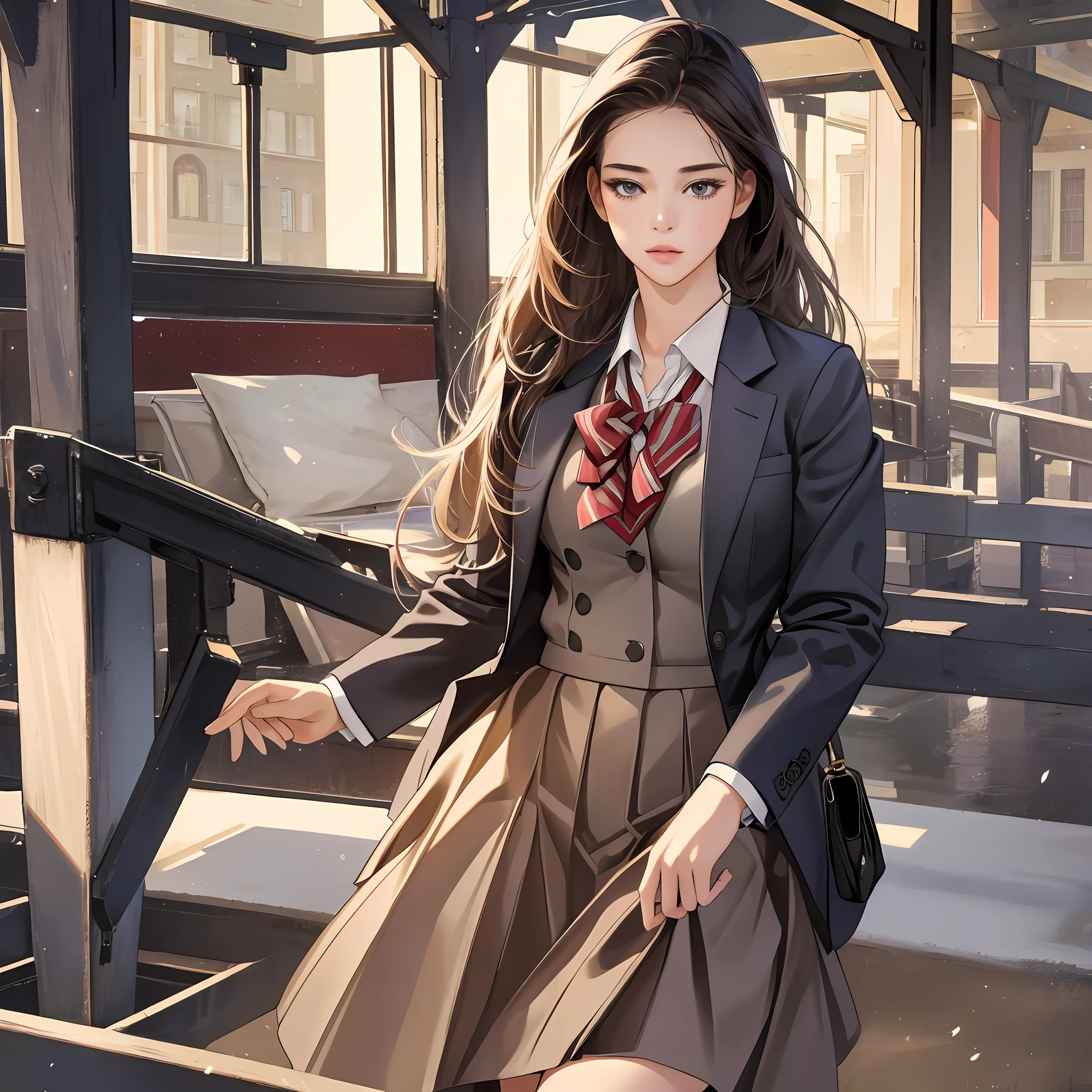 1 girl, masterpiece, high quality, best quality, beautiful, hd, realistic, perfect lighting, detailed face, detailed body, school uniform for girls, square