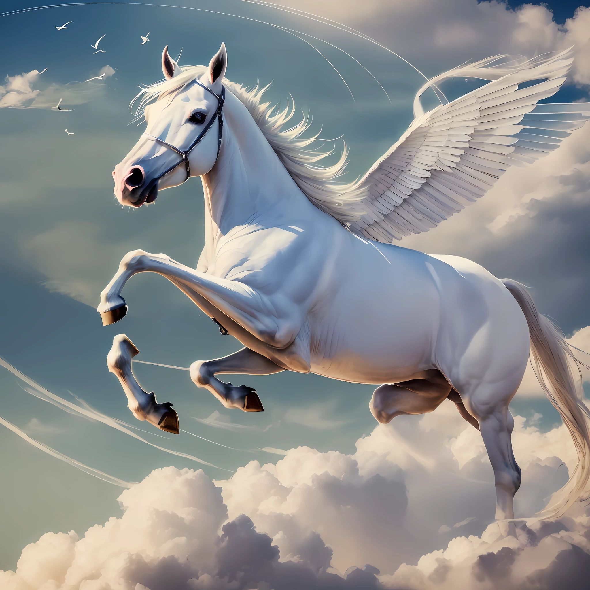 there is a white horse with wings flying through the sky, unicorn flying in the sky, pegasus, with hooves and wings, white unicorn, mythical creature, flying mythical beasts, an all white horse, white horse, majestic wings, a painting of white silver, digital horse, inspired by John Frederick Herring, Sr., the horse above, ophanim has bird wings