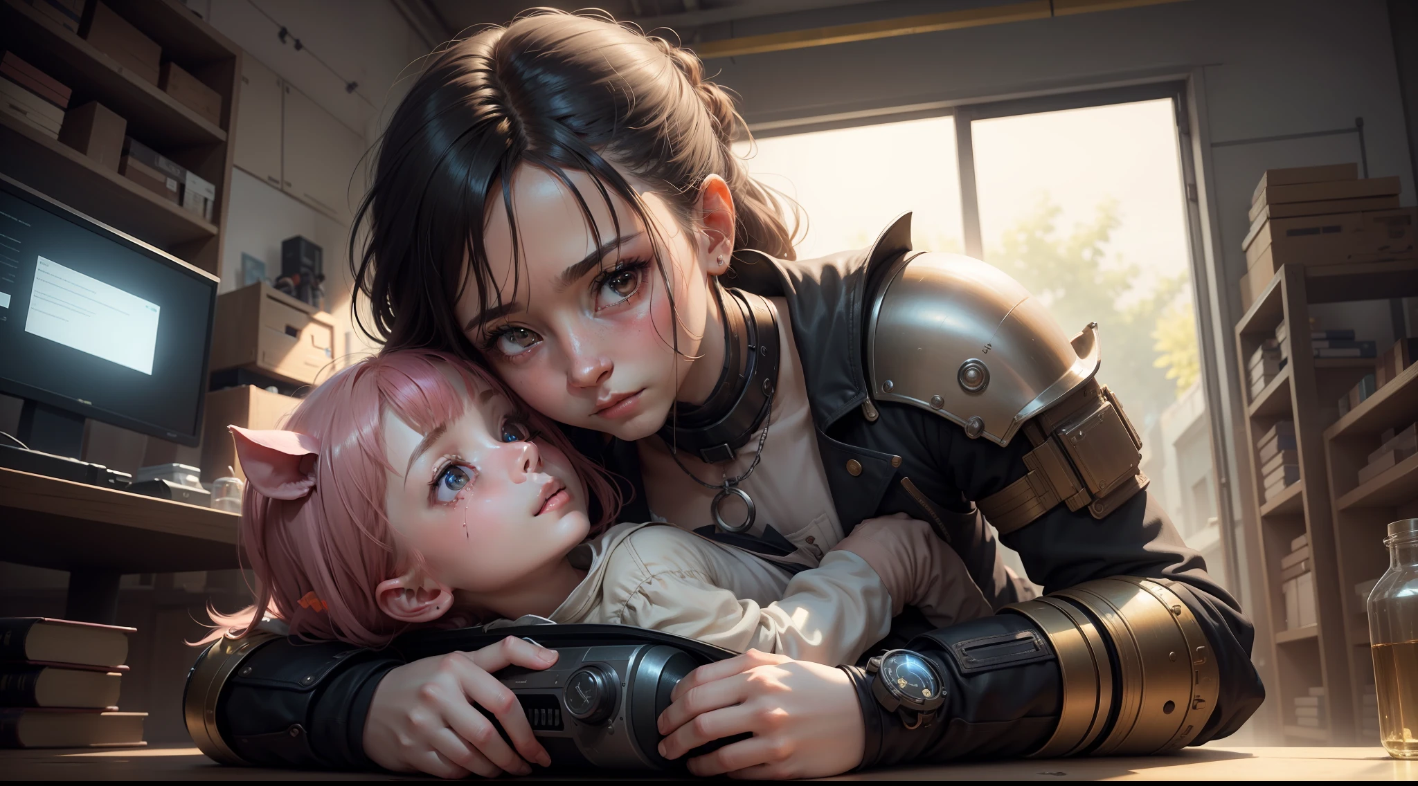 /imagine prompt: illustration of In the laboratory, the little girl cried while holding her father's body, with a little pig standing next to her ,A beautiful little girl with long ears::10, The little girl hugged her father's body::15, The ground is covered in blood::15, Father's body::16, weep::16, Piglet Crys::12, Golden ratio::5, up view::6, Unreal Engine::10, Cyberpunk light::10, Cinematic light::11, mood lighting::6, Fantasy::6, Cinematic::5, hyper quality::6, Futuristic Robots::2, Steampunk::12 --seed 252441588 --s 400 --q 2 --c 10