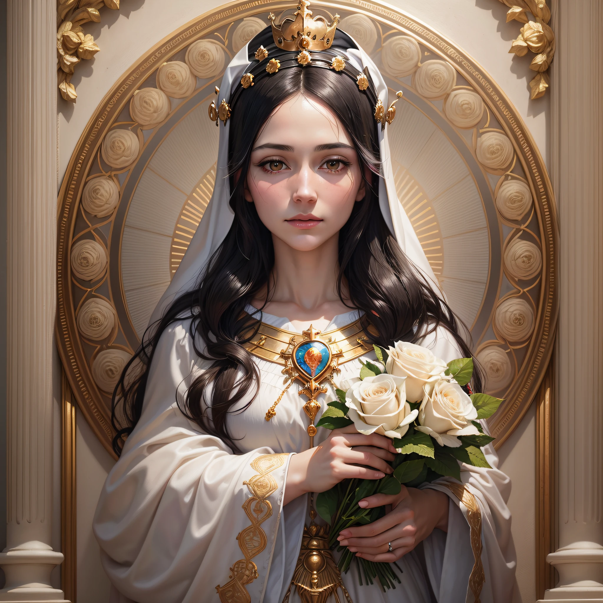 Highly realistic portrait of the Virgin Queen Mary, white woman, black hair, mother's hood, with roses in (sacred heart of Jesus), halo of light, soft golden lighting, divine rays, 8k, hyper-realistic --auto --s2