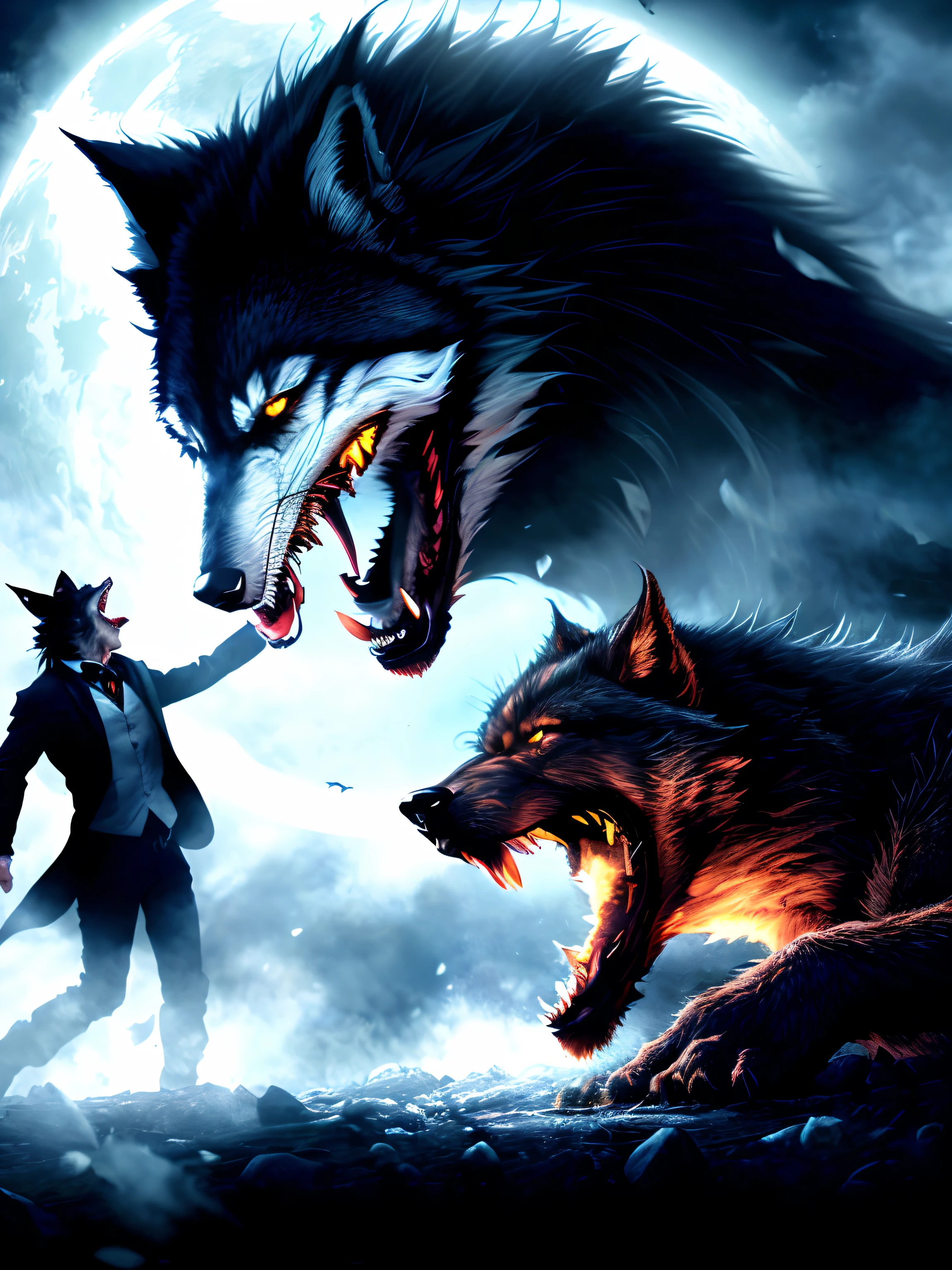 (Extremely detailed 8k wallpaper), a terrifying shot of a werewolf attacking a vampire, complex, highly detailed, and dramatic
