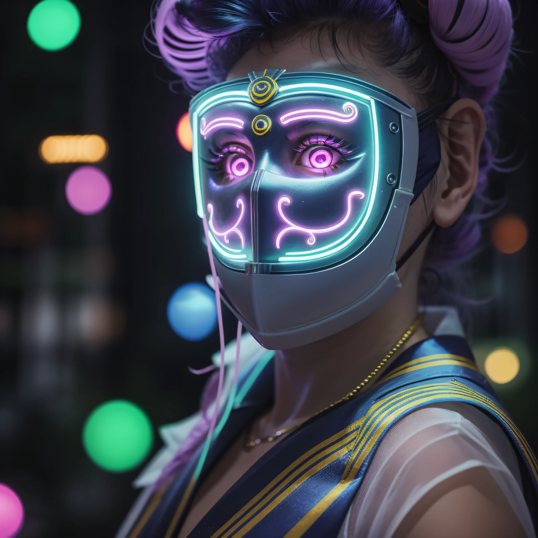SAILOR MOON CYBER PUNK, FUTURISTIC, mask in mouth, perfect angle, no cuts, award-winning photo, neon light, future, punk, cyberpunk style