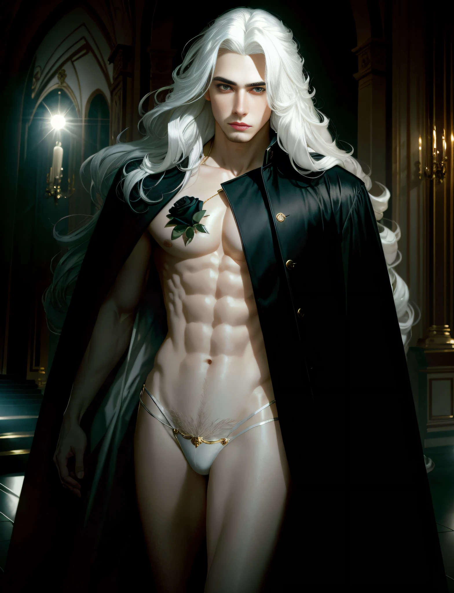 masterpiece, highest quality, (solo focus), (perfect face:1.1), (high detail:1.1), dramatic, 1guy, (pale skin), long white hair, white eyes, (light eyebrows), solo, long hair, Gerhard Freidl, moon, night, black and gold luxury thong, covered navel, pouty lips, fur, arrogant expression, futuristic city, detailed background, art by artgerm, cinematic lighting, roses, fashion, BalenciagaStyle