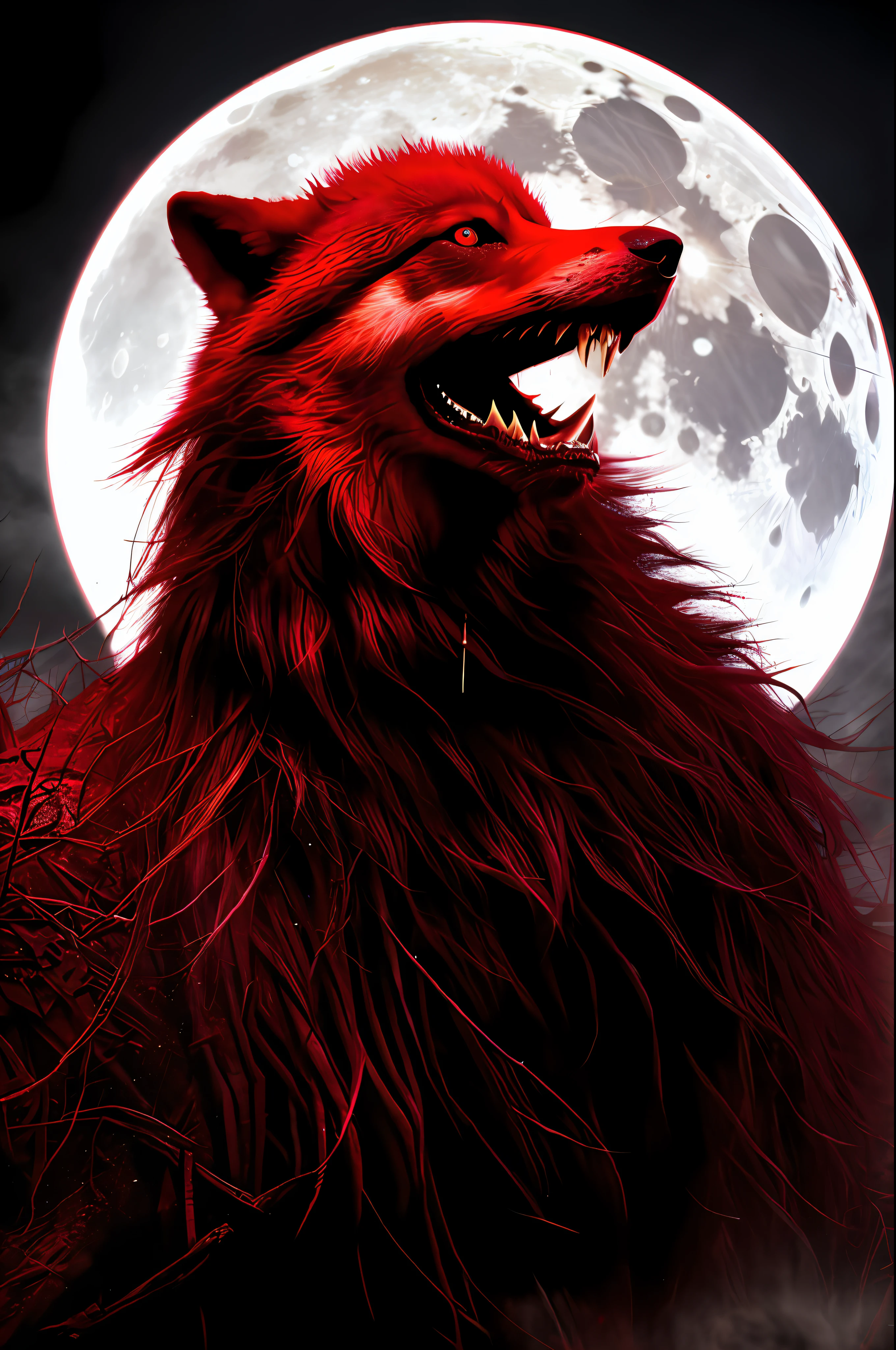 best quality, masterpiece,
a monster, god, holy, fog, big red bleeding eye and blood moon as background,
elden ring,wolf