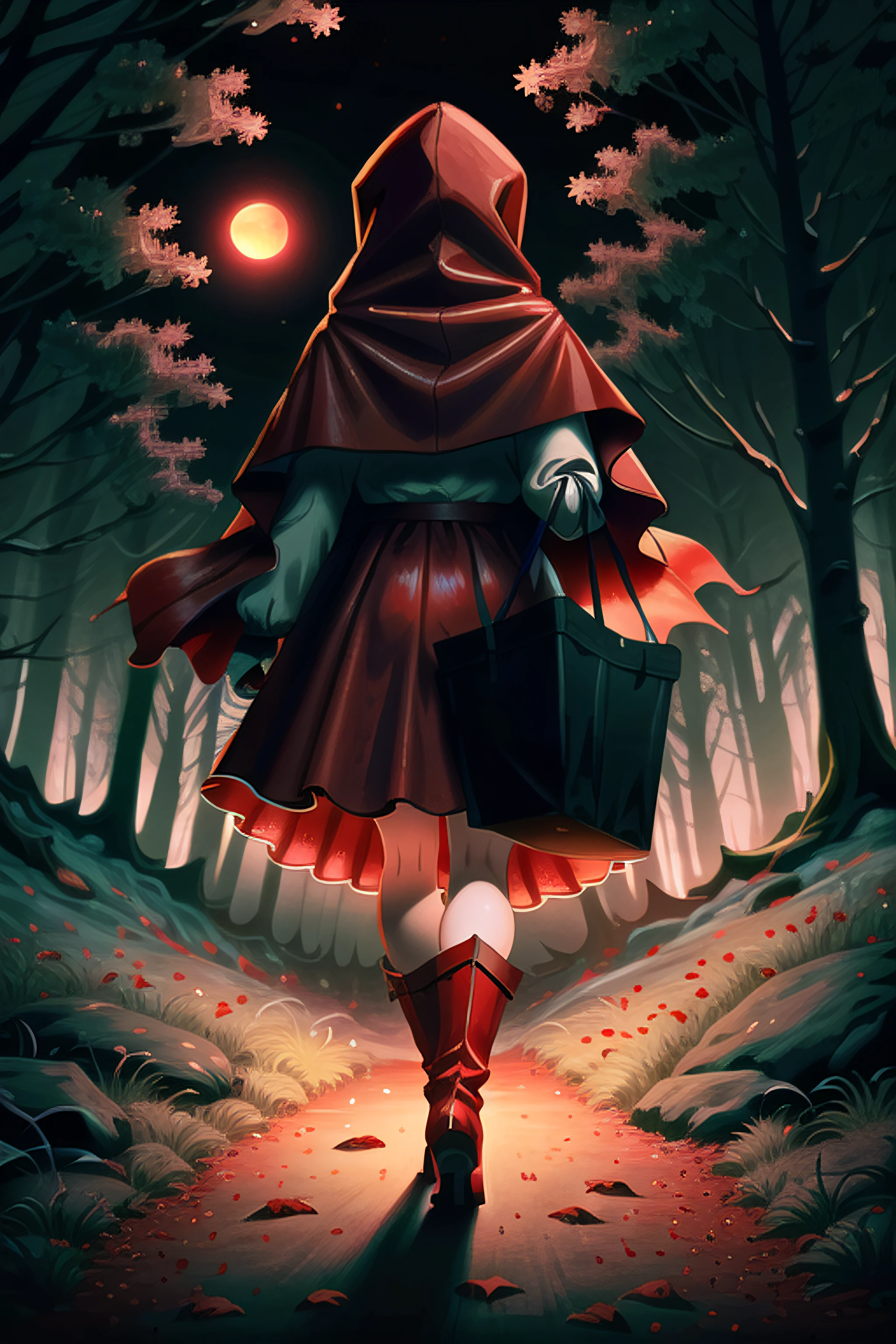 1woman walking through the woods at night with a full moon in the dark night sky, wearing a ((Red dress)) and a ((Red hood)) wearing ((Red designer_boots)) wearing stockings, carrying a wicker basket of food in the left hand,