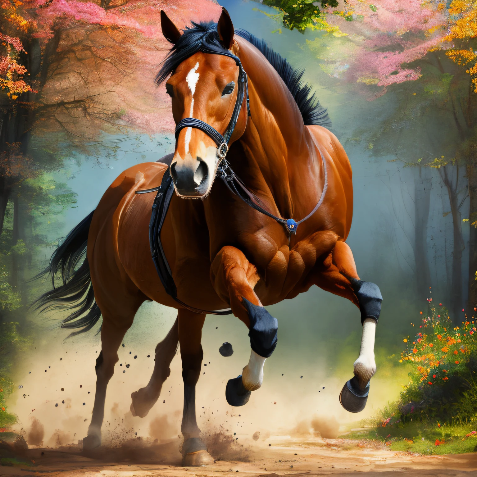 Gorgeous healthy horse with a beautiful cell to ride with no one around just the horse in a beautiful paradisiacal place (realistic) (high quality) (high resolution) (precision) --auto --s2