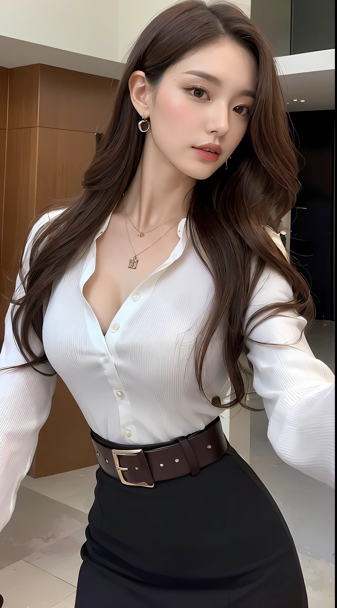 (Best Quality, High Resolution, Masterpiece: 1.3), A tall and beautiful woman, slender abs, dark brown hair in loose wavy styling, big breasts: 2, wearing pendant, white button-down shirt, belt, black skirt, (modern architecture in the background), beautifully presented details in face and skin texture, detailed eyes, double eyelids