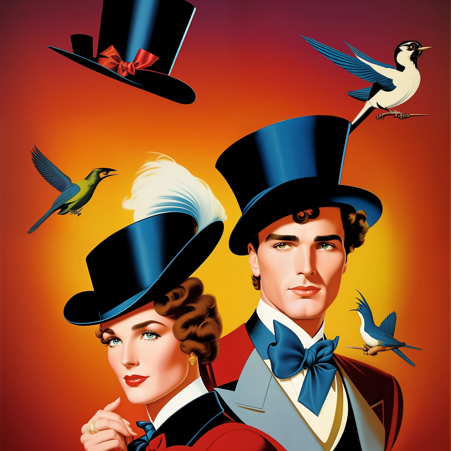 Montgomey Clift wearing a top hat, 1980s Versace ad, a bird, enoch bolles, by Archibald Motley, by Rolf Armstrong, inspired by Rolf Armstrong, as rolf armstrong style, angus mcbride, gill elvgren, inspired by Art Frahm, by Alberto Vargas, by Tom Lovell,