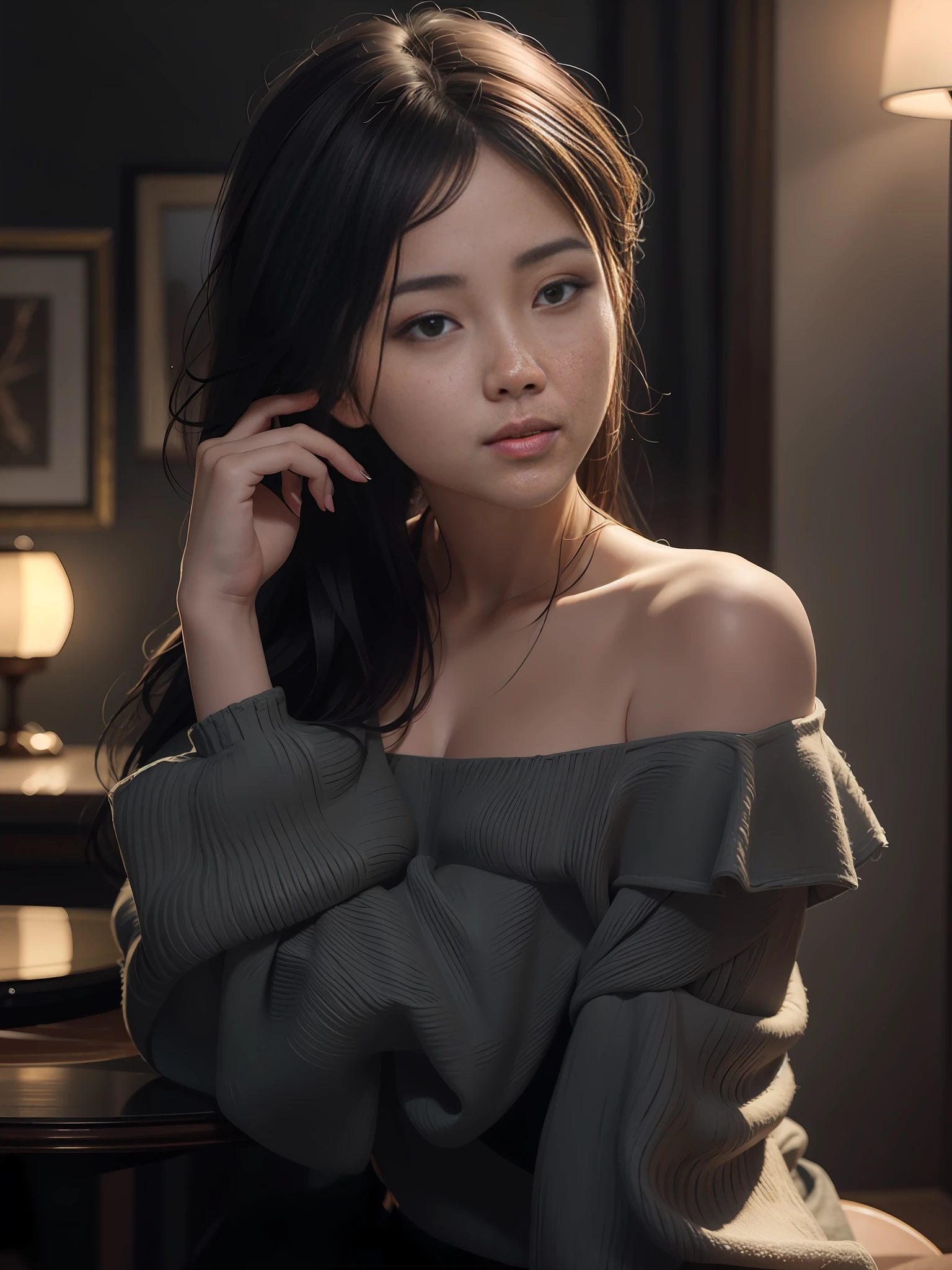 arafed woman sitting at a table with a lamp and a lamp, soft portrait shot 8 k, beautiful soft lighting, 8k artgerm bokeh, korean girl, gorgeous young korean woman, soft lighting and focus, portrait of female korean idol, highly detailed soft lighting, anime. soft lighting, portrait soft low light, 8k portrait render