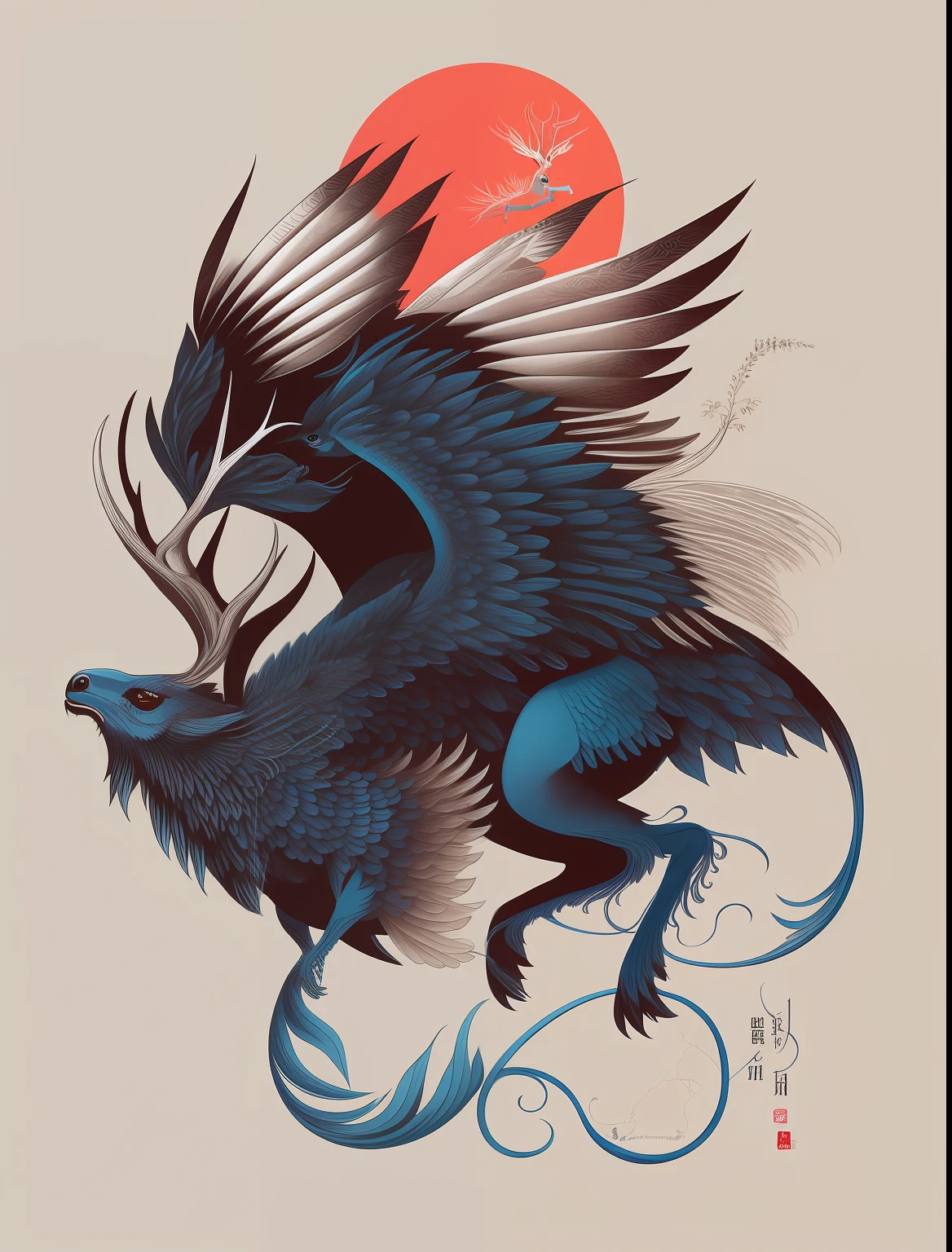 there is a blue deer with wings flying in the air, mythical creature, Ivan Belikov style, highly detailed vector art, a mythical creature, Ivan Belikov, flying mythical beasts, a beautiful art illustration, mythical creatures, intricate detailed illustration, fantasy creature, detailed intricate illustration, great digital art with details, fenrir, inspired by Summary of Japanese Painting History | Dictionary of Japanese Painters & Calligraphers-SHOGA, highly detailed illustration