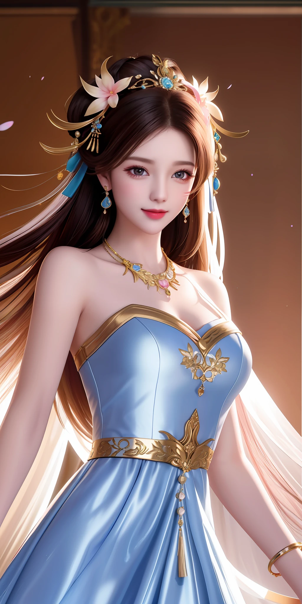 Best quality, masterpiece, high resolution, 1girl, light silk porcelain dress, beautiful face, hair accessories, looking at the public, smiling, close mouth, lips, pink dress with golden details, hair accessories, necklaces, jewelry, long hair, earrings, beautiful face, on body, Tindal effect, realism, dark studio, edge lighting, two-tone lighting, (high detail skin:  1.2), 8k UHD, DSLR, soft light, high quality, volumetric lighting, photo, high resolution 4K, 8k, background with images