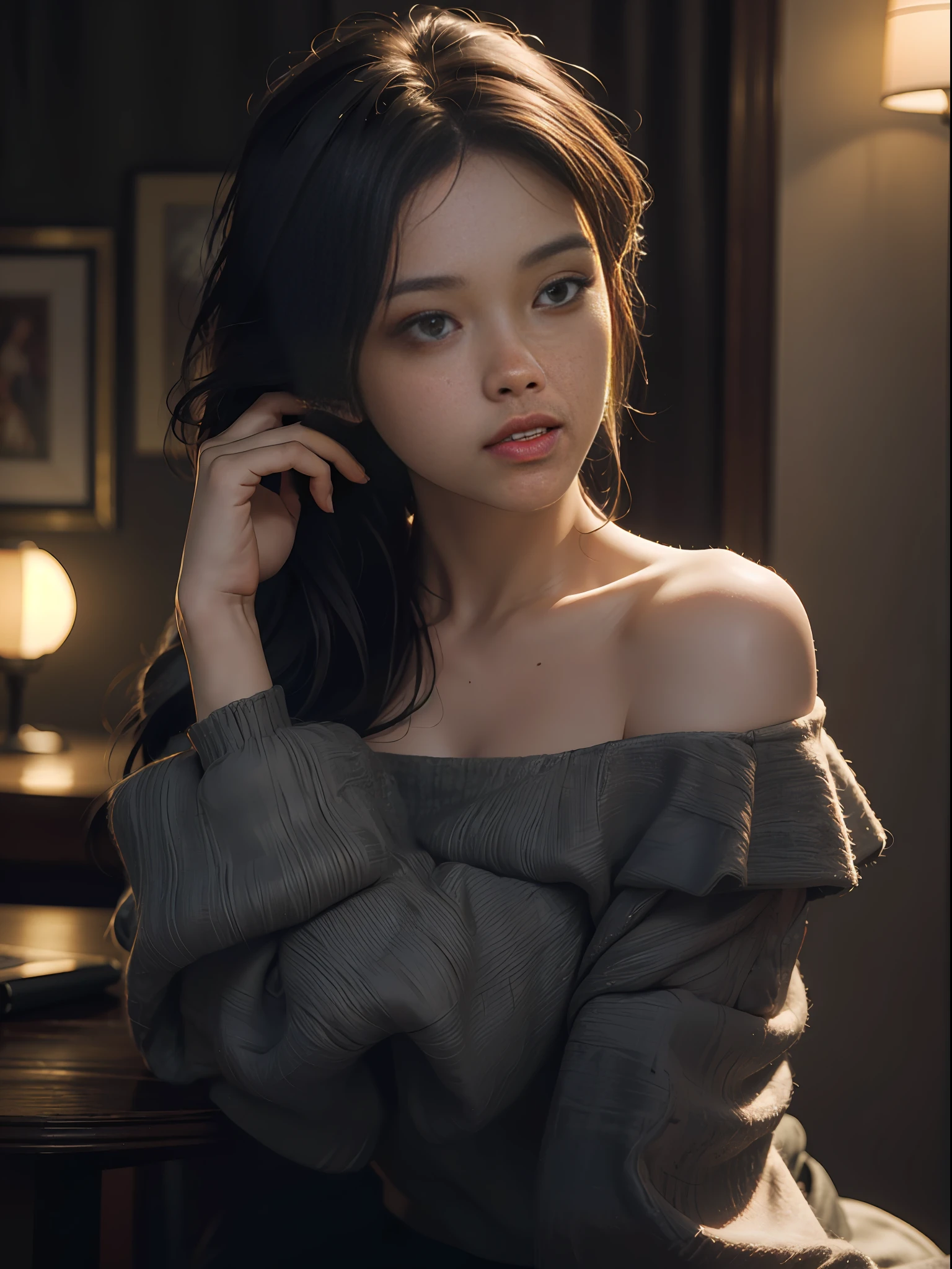 Best quality, masterpiece, ultra high res, (photorealistic:1.4), raw photo, 1girl, off shoulder, cinematic lighting, kiss poses