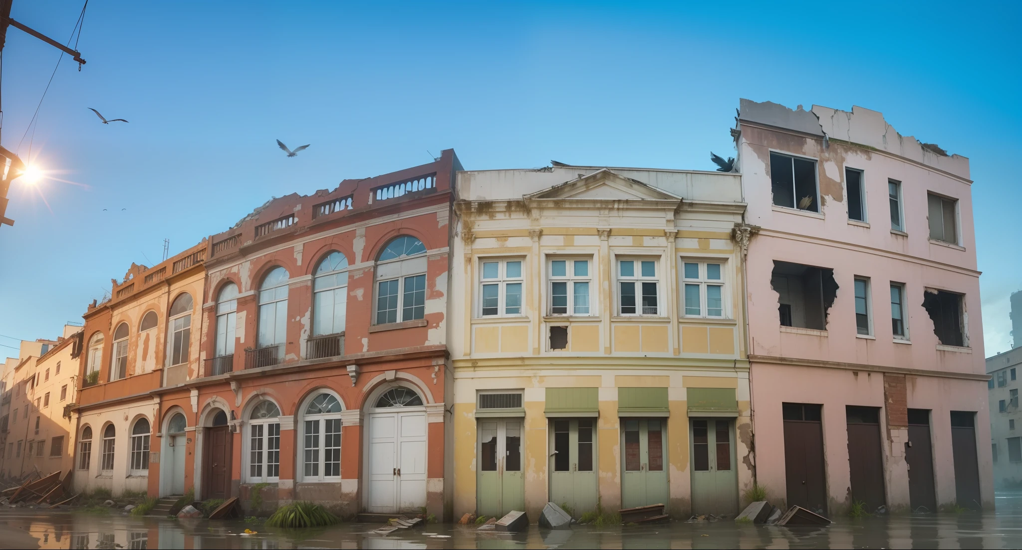 Fidelity original image, image of the apocalypse, flood, tidal wave, waves, sea invading the scene, preserve to the maximum details and frescoes of the facades beating the buildings, preserve details of the doors and windowshiper photographic realism, ISO 50, maximum photographic quality. ruined buildings, rubble,v6 skeletons in water, dirty water, running river, rapids,waves, realistic epic, hdr++, abandoned building,abandoned objects, many abandoned objects, rusty metals flooding, dirty water,floating debris, neutral colors,, refractions of screen space, (complex details)+, complex details+, hyperdetailed+, art station, cinematic plan, vignette, complex background,,bush on the sidewalk,rusty carcasses on the ground,  , birds flying, frogs, leaves floating in the water, water running in the mei of the scene, lots of vegetation on the roof of houses, vegetation on the water's edge, plants in the water, frogs in the water, herons in the water, flying vultures