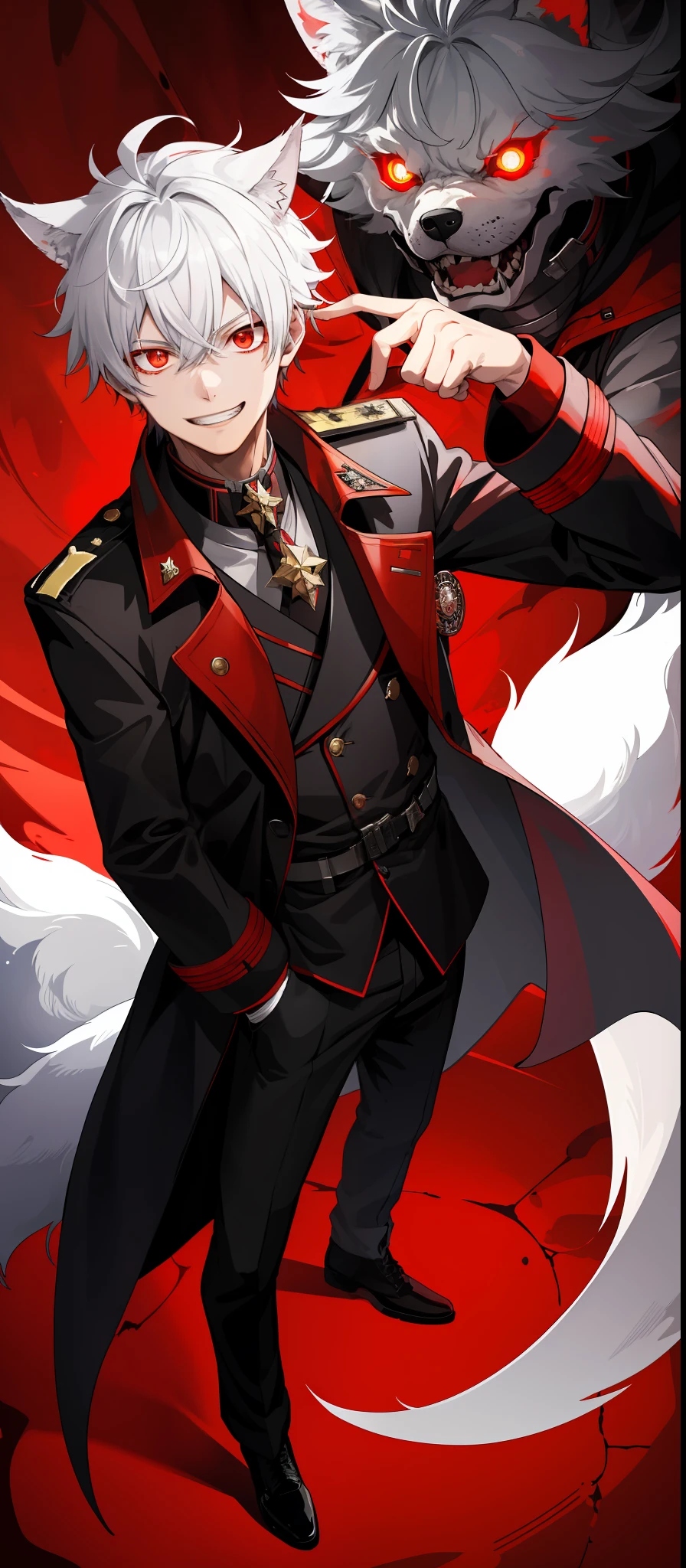 1boy, glowing red mechanical eyes, white hair, masterpiece, HD, vibrant, horror, full body view, blood over mouth, grin, black trench coat, peaked general cap, wolf ears