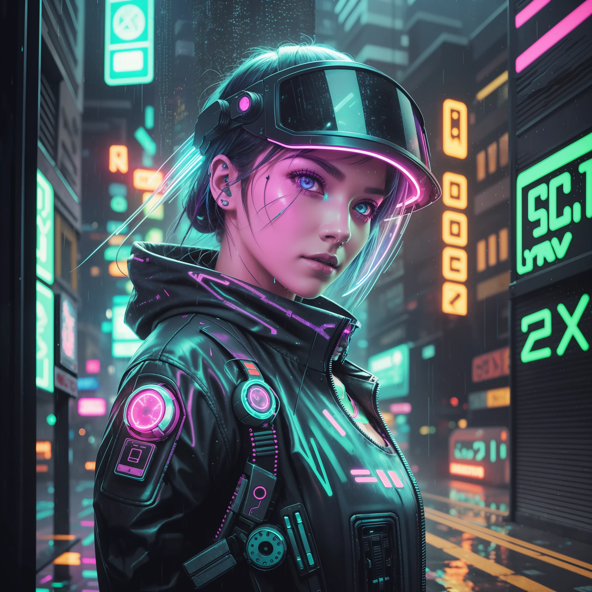Photorealistic shot of a cyberpunk girl, neon colors, futuristic cityscape background, reflective surfaces, rain-soaked streets, glowing holographic signs, gritty texture, cinematic movie still frame, close-up photo of a (cybernetically enhanced)1.2 woman, with (piercing blue)1.3 eyes, wearing a (high-tech visor)1.4, (mechanical implants)1.2 visible on her face, and (glowing neon tattoos)1.3 on her arms, standing against a graffiti-covered wall, with rain droplets trickling down her face.