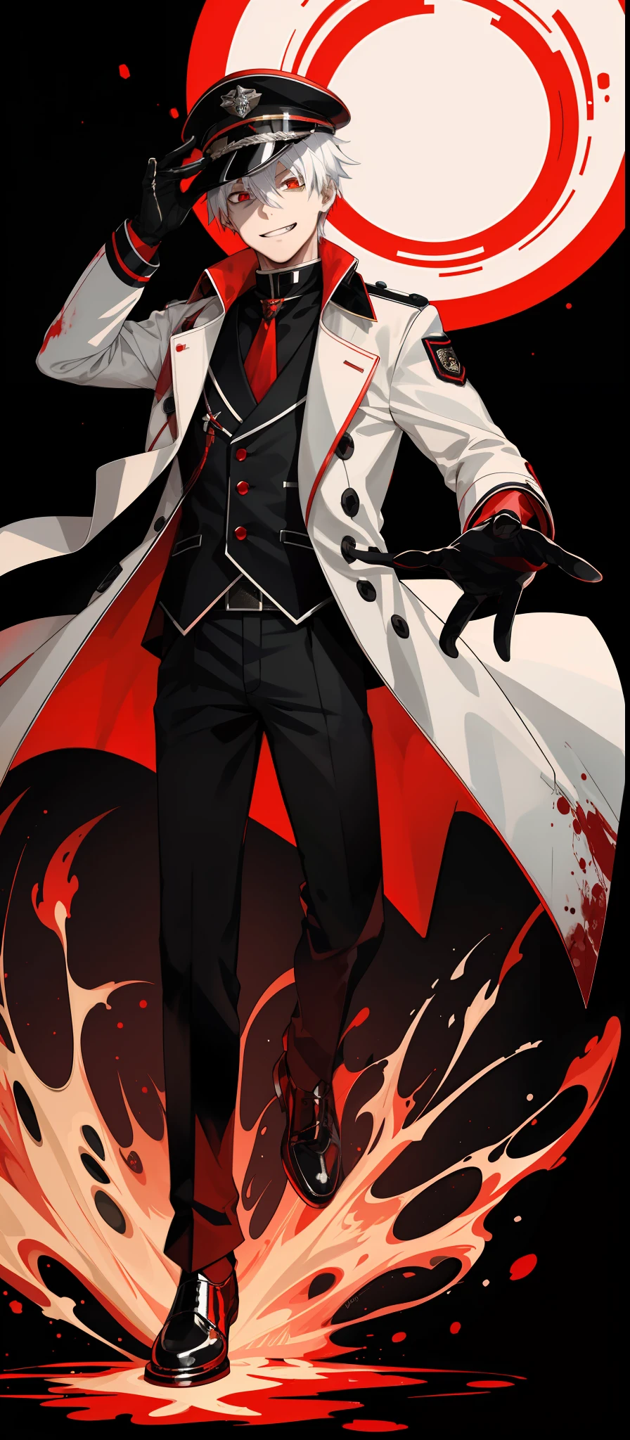 1boy, glowing red mechanical eyes, white hair, masterpiece, HD, vibrant, horror, full body view, blood over mouth, grin, black trench coat, peaked general cap, wolf ears
