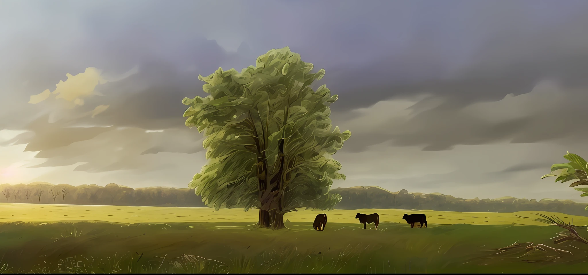 There are three cows standing in a field under a tree, some trees and a river in the background, pastoral environment, a beautiful digital painting, trees in the background, some trees, with trees, tree in the background, trees in the background, some trees in the corner, random cows, sparse trees, in an open green field, pastoral, tree, cows, details. intricate, ultra realistic, 4k