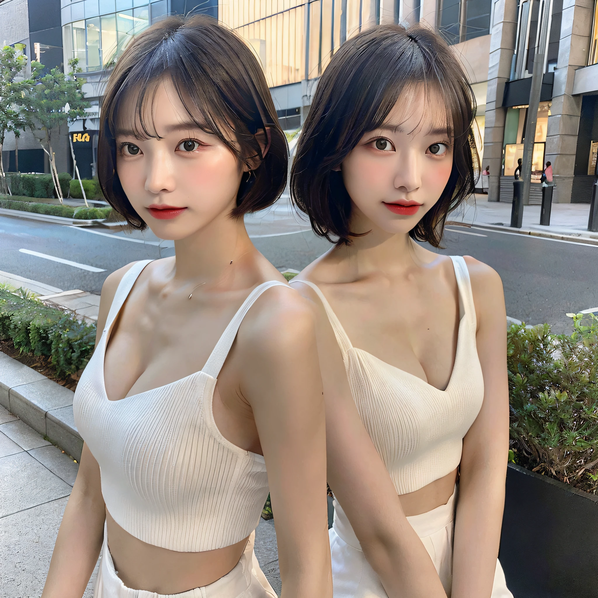 ((Realistic Lighting, Top Quality, 8K, Masterpiece: 1.3)), Clear Focus: 1.2, 1 Girl, Perfect Body Beauty: 1.4, Slim Abs: 1.1, ((Short Hair, Big: 1.3)), (Outdoor, Night: 1.1), Street, Ultra Slender Face, Fine Eyes, Double Eyelids, Exposed Cleavage