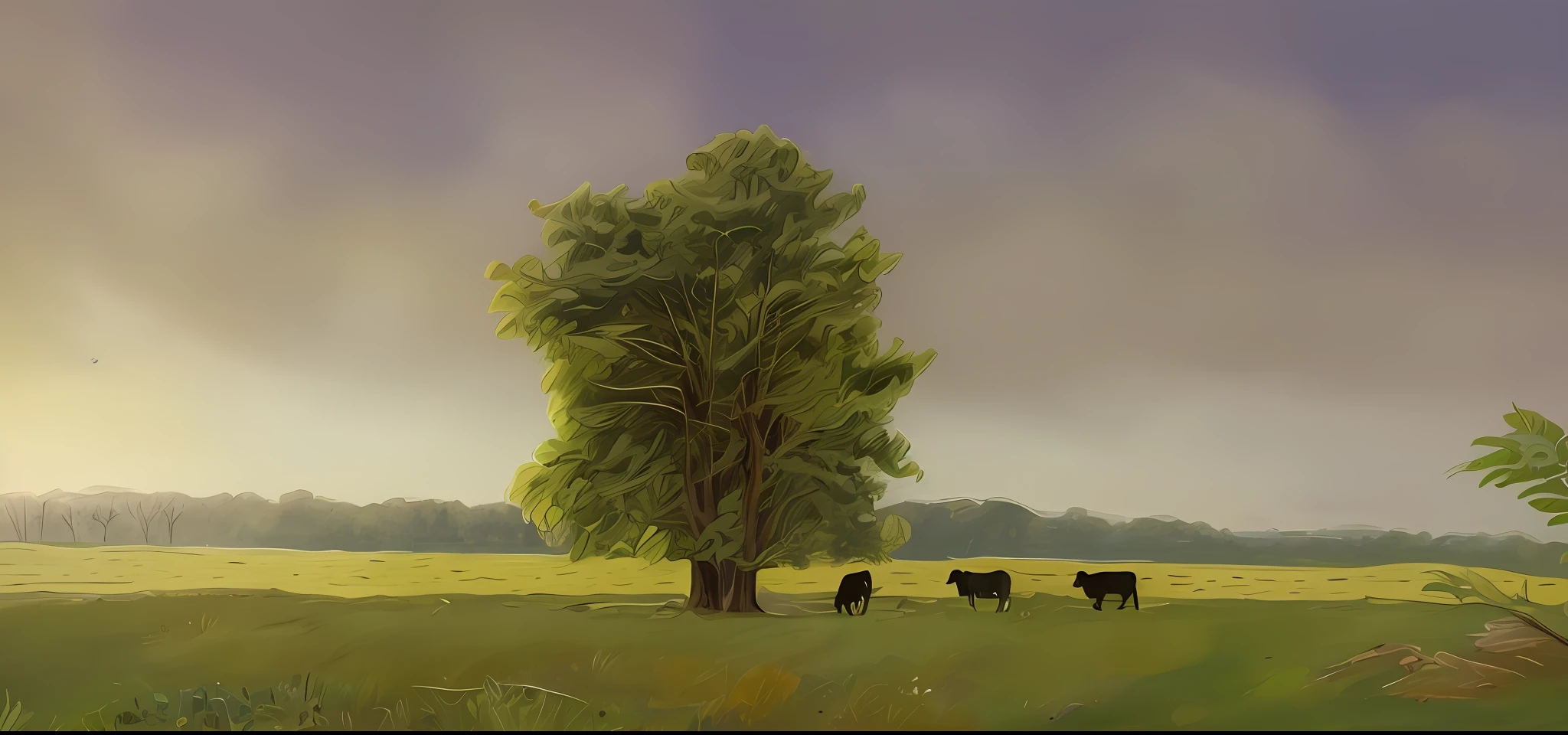 There are three cows standing in a field under a tree, some trees and a river in the background, pastoral environment, a beautiful digital painting, trees in the background, some trees, with trees, tree in the background, trees in the background, some trees in the corner, random cows, sparse trees, in an open green field, pastoral, tree, cows, details. intricate, ultra realistic, 4k