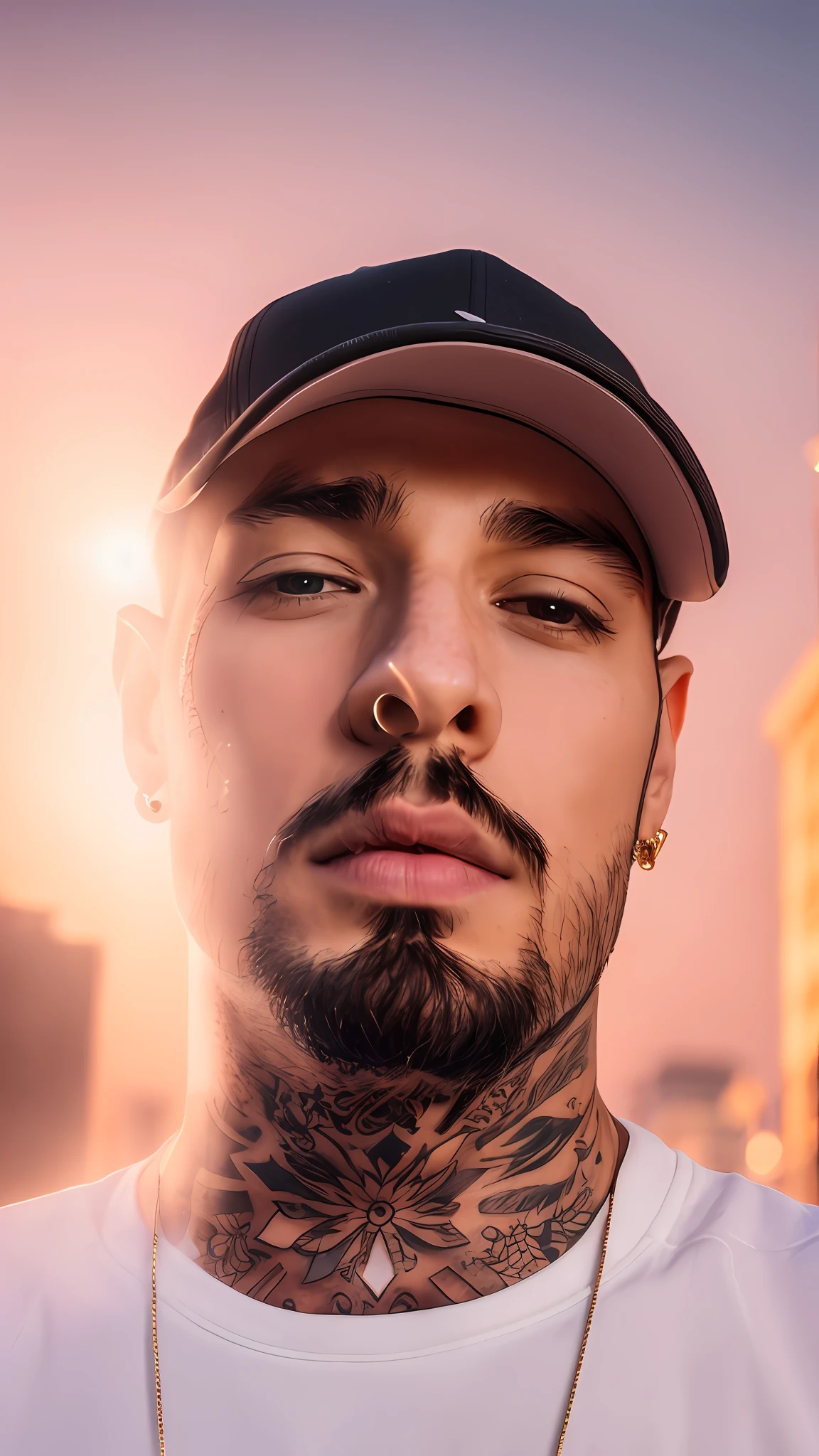 man with a white cap and a black t-shirt, man 22 years old, smooth face without imperfections, neck tattooed with mandala, mandala tattoo, gold earring, gold chain, half pink mouth, medium lips, half open eyes, goatee, hyperrealism, detailed realistic face, ultra realistic face, 8k uhd, (street aesthetic photography), moody, cinematic, (urban setting), (sunset lighting),  (depth of field), (film grain), (low saturation), --seed, detailed portrait, shaded cell, 8k, sharp focus, volumetric lighting, cinematic lighting, studio quality