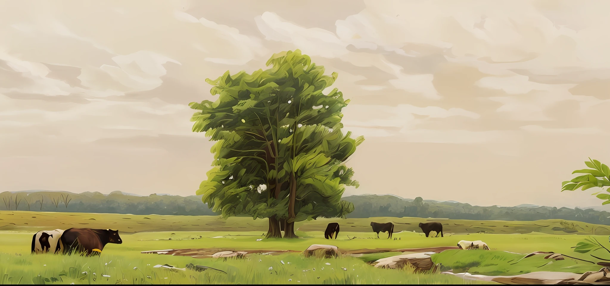 There are three cows standing in a field under a tree, some trees and a river in the background, pastoral environment, a beautiful digital painting, trees in the background, some trees, with trees, tree in the background, trees in the background, some trees in the corner, random cows, sparse trees, in an open green field, pastoral, tree, cows, details. intricate, ultra realistic, 4k