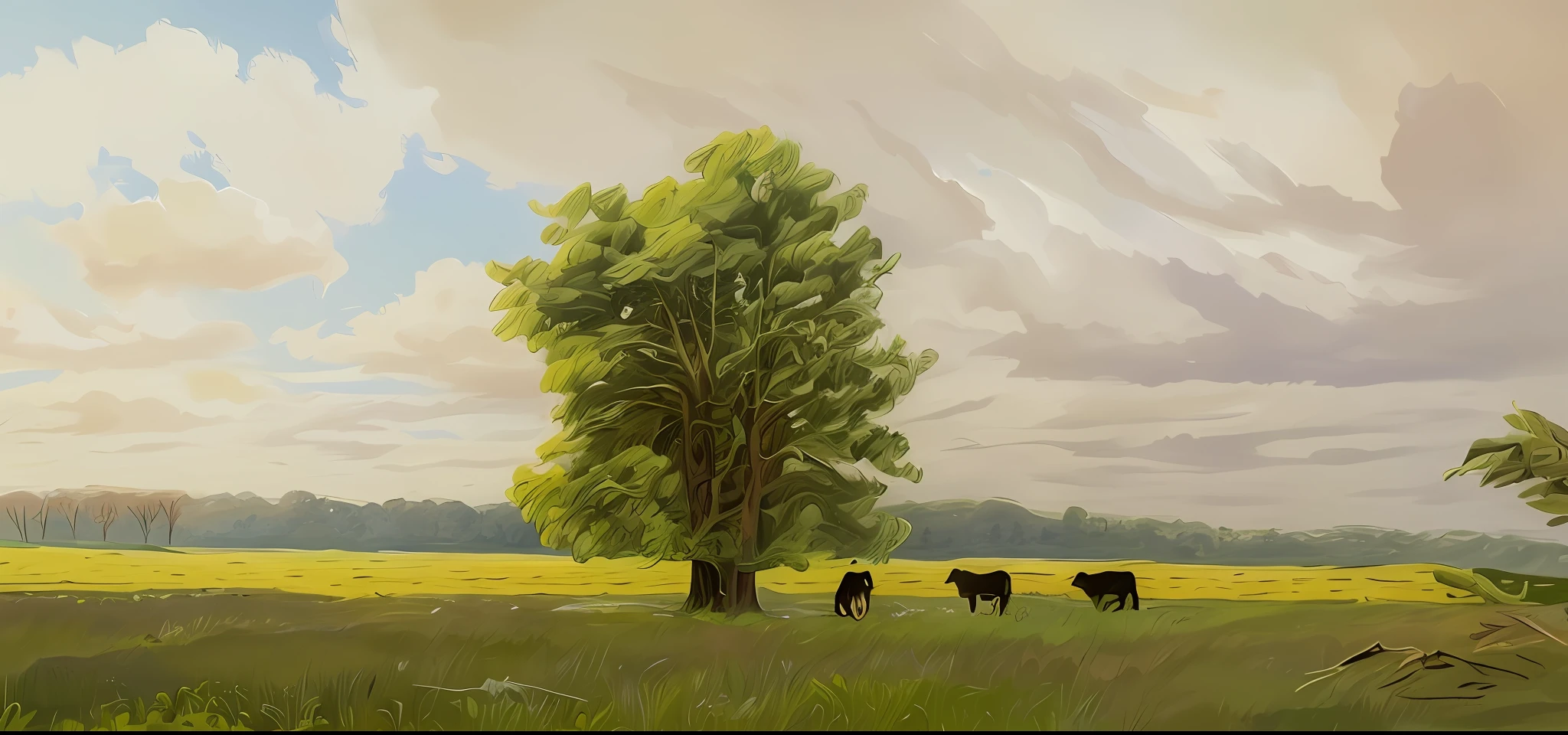 There are three cows standing in a field under a tree, some trees and a river in the background, pastoral environment, a beautiful digital painting, trees in the background, some trees, with trees, tree in the background, trees in the background, some trees in the corner, random cows, sparse trees, in an open green field, pastoral, tree, cows, details. intricate, ultra realistic, 4k