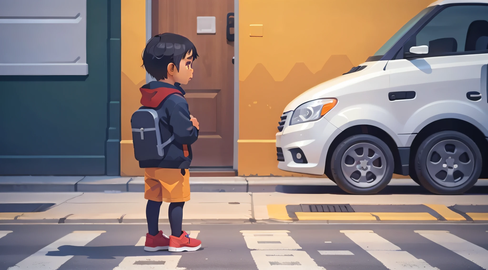 Child on the sidewalk trying to understand the traffic