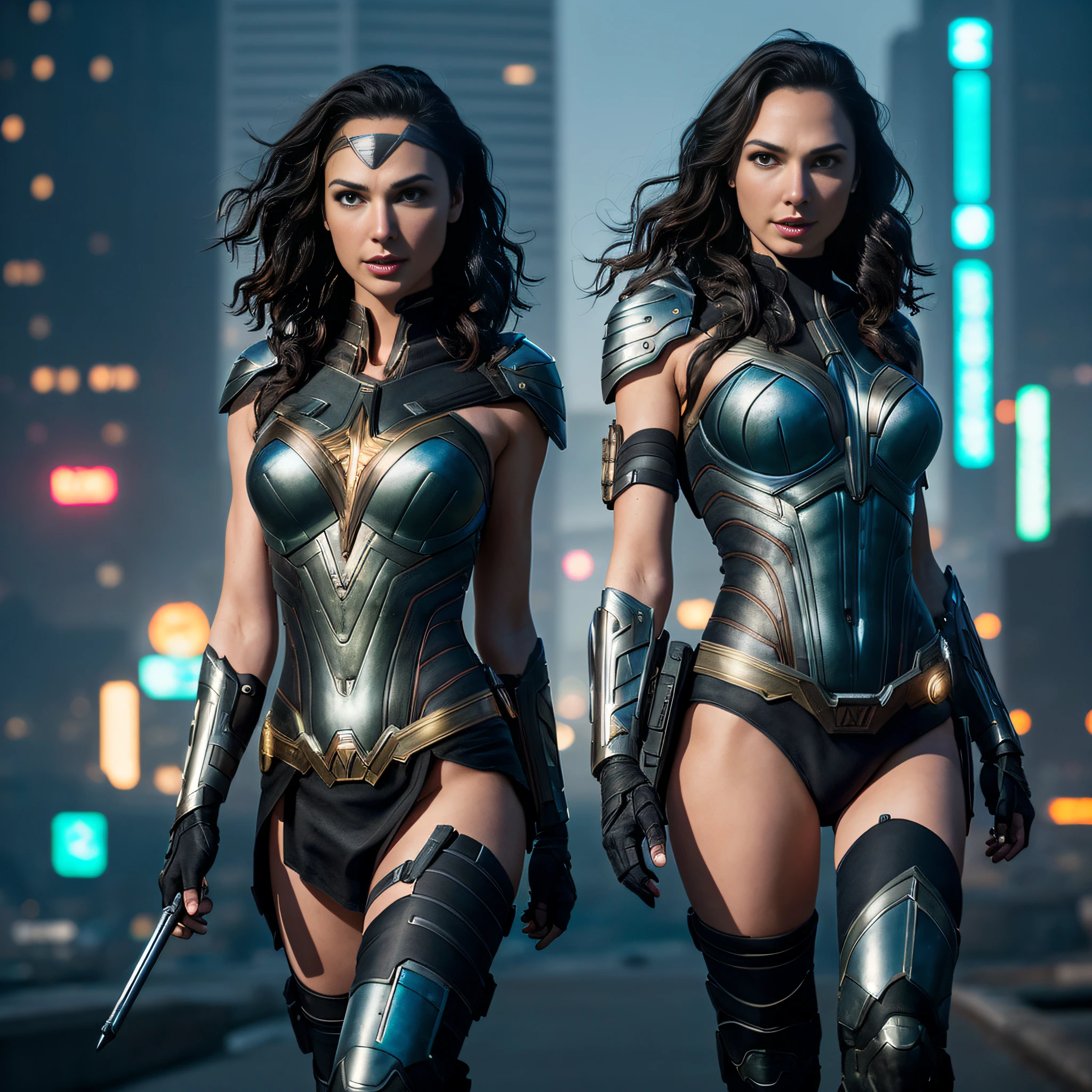 sexy woman Gal Gadot in cyberpunk style, armor, night, soft lighting, dynamic angle, realistic lighting, would be, movie scene background, photo by Brooke DiDonato, (natural skin texture, hyperrealism, soft light, sharp: 1.2), (complex details: 1.12), hdr masterpiece, best quality, (highly detailed photo: 1.1), 8k, photorealistic, (SFW),